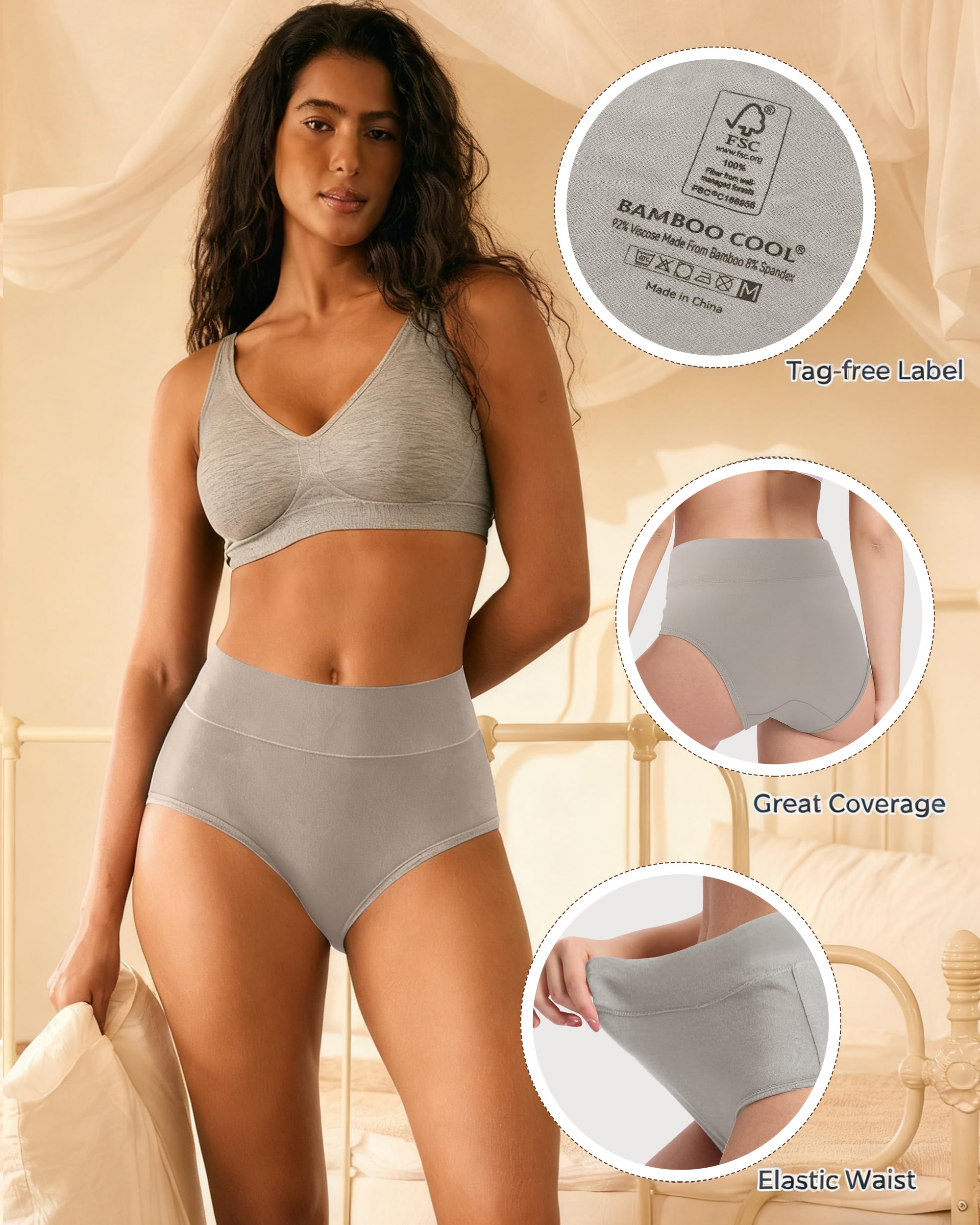 BAMBOO COOL Women's Underwear High Waisted Briefs Full Coverage Soft and Breathable Panties, 5-Pack
