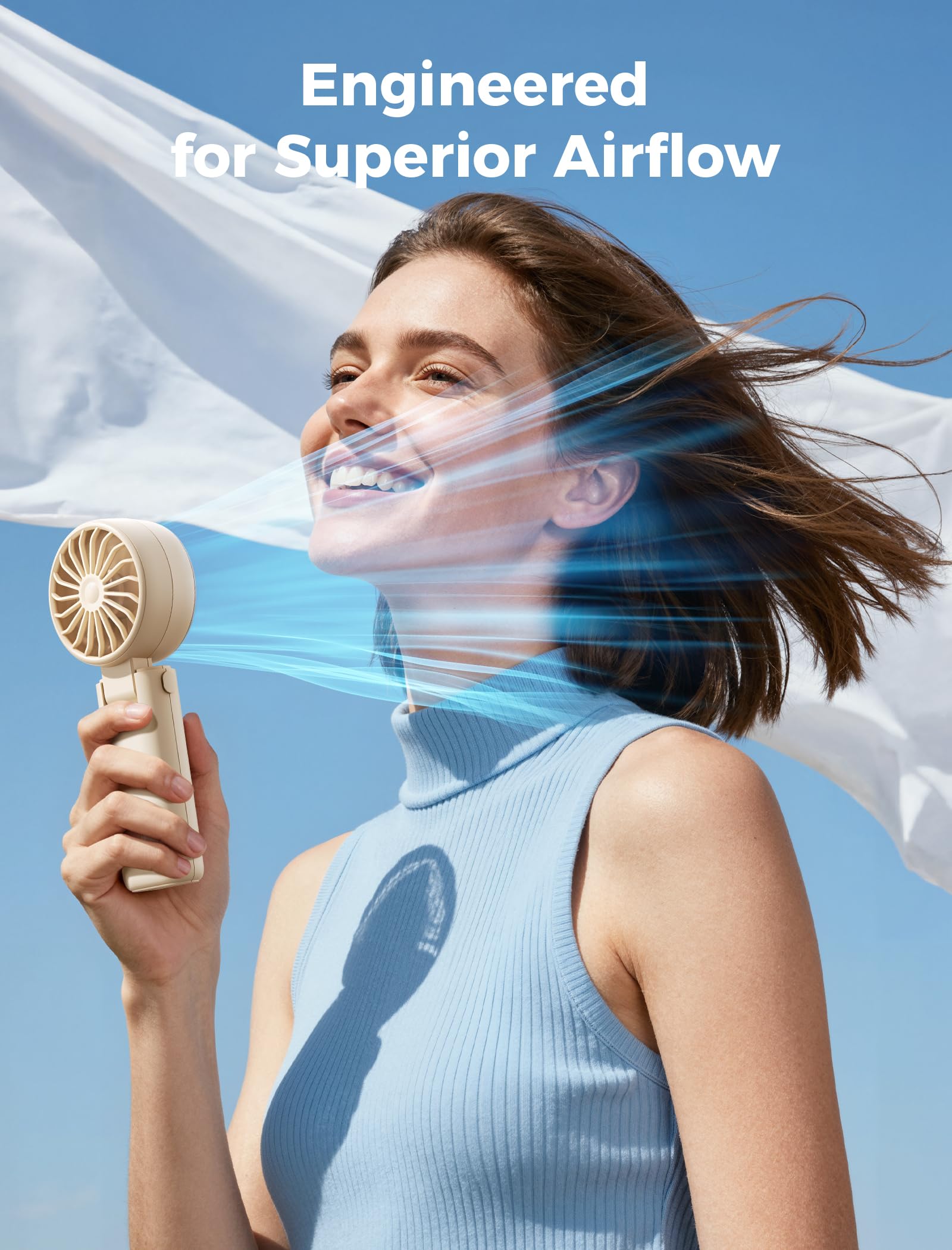 Aecooly Mighty Portable Handheld Fan | 20H Max Cooling Time | 3 Flexible Modes | 5 Speeds Wind | Battery Level Display | USB Rechargeable Mini Personal Battery Powered, Gifts for Women, Travel -Beige