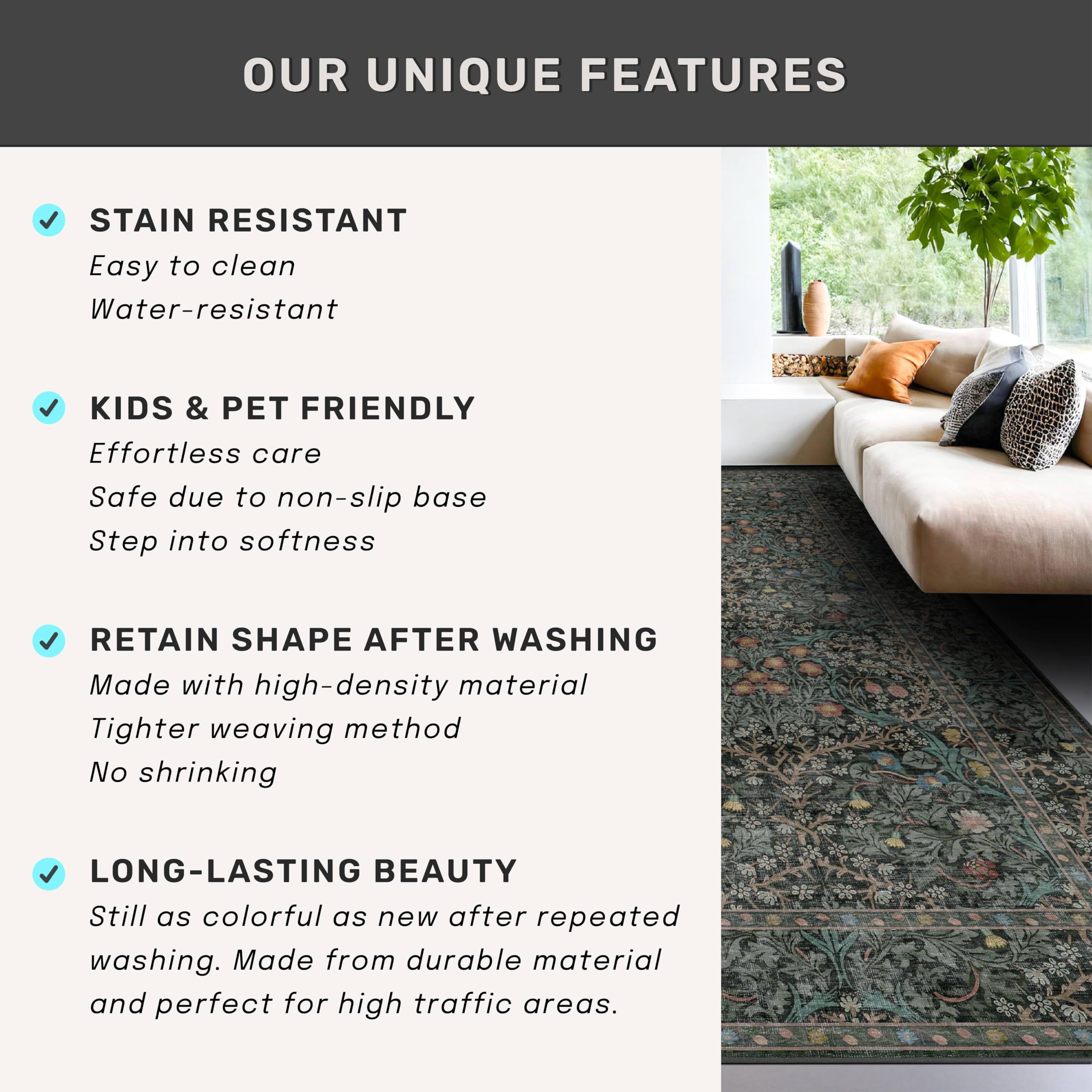 Vintage Dark Green Living Room Rug, 8x10 Washable Area Rugs for Dining Room Under Kitchen Table, Bedroom, Oriental Low Pile Stain Resistant Non-Slip Large Carpet (8x10 Dark Green)