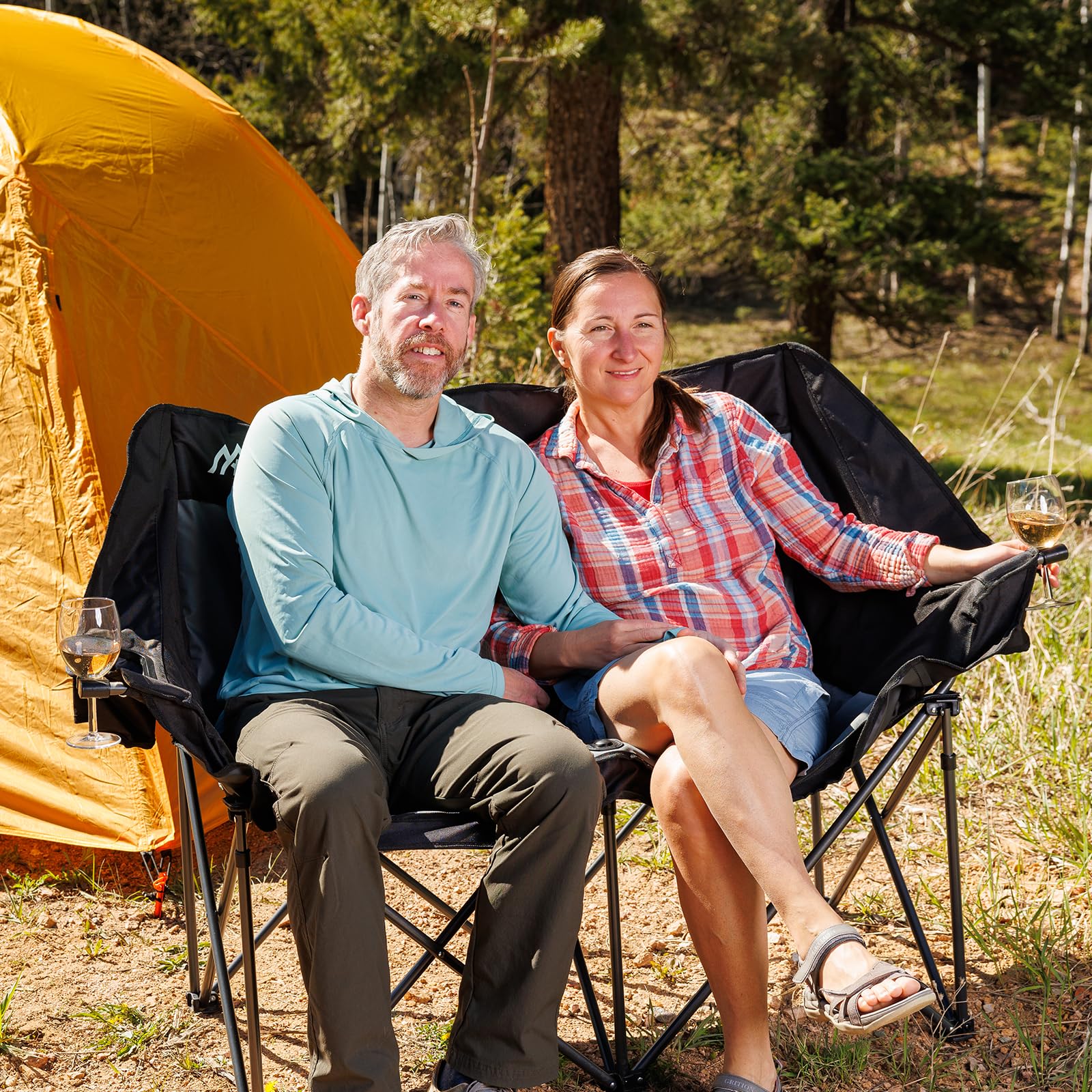 Huskfirm 2 Person Camping Chair Oversized Loveseat Camping Chair Double Camping Chairs for Adults Heavy Duty Camping Couch Black Outdoor Folding Chair Portable Patio Lawn Chair