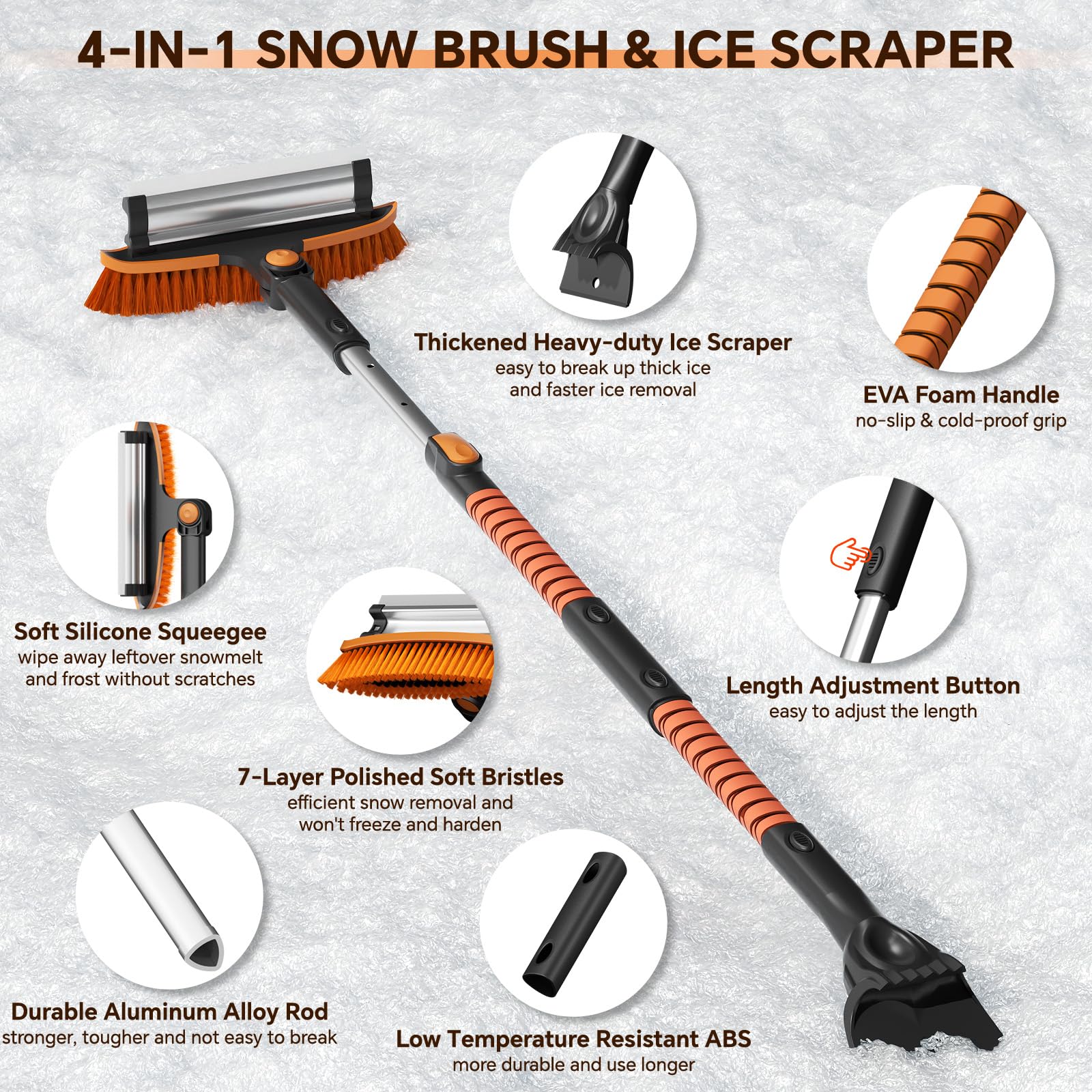 4-In-1 Snow Brush and Ice Scrapers for Car Windshield 55'' Extendable Snow Shovel Snow Broom Kit with Squeegee, Foam Grip 180°Pivoting Thicken Brush Head Portable Snow Scraper for Car, Trucks, SUV