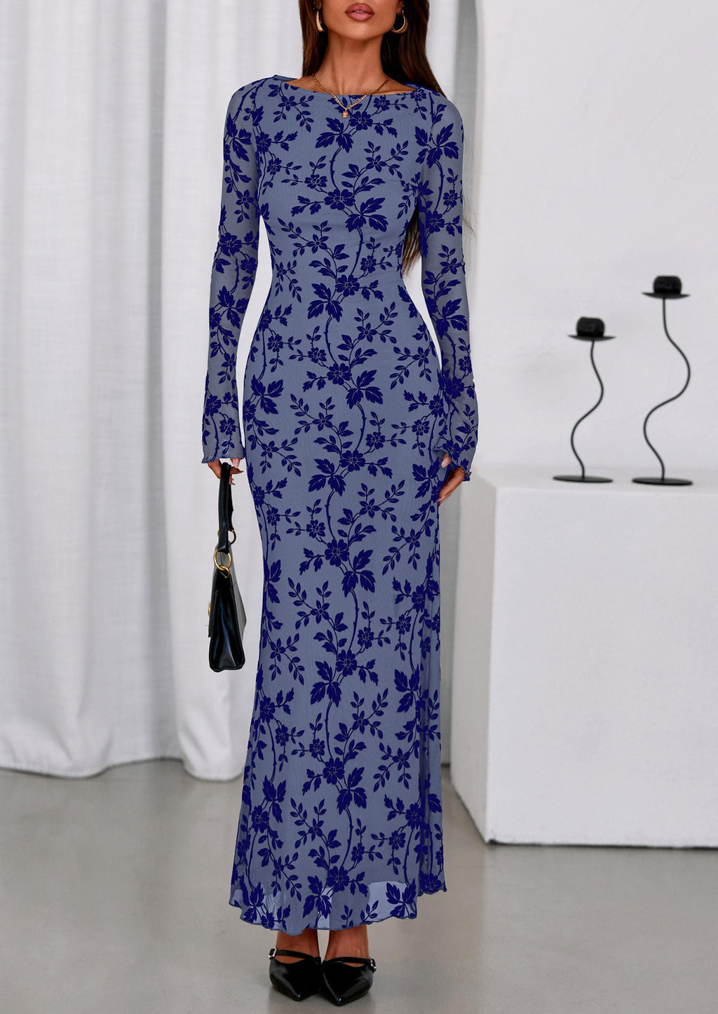 PRETTYGARDEN Women's Floral Bodycon Maxi Dress 2026 Spring Elegant Mesh Long Sleeve Formal Wedding Guest Cocktail Dresses (Dusty Blue,XX-Large)