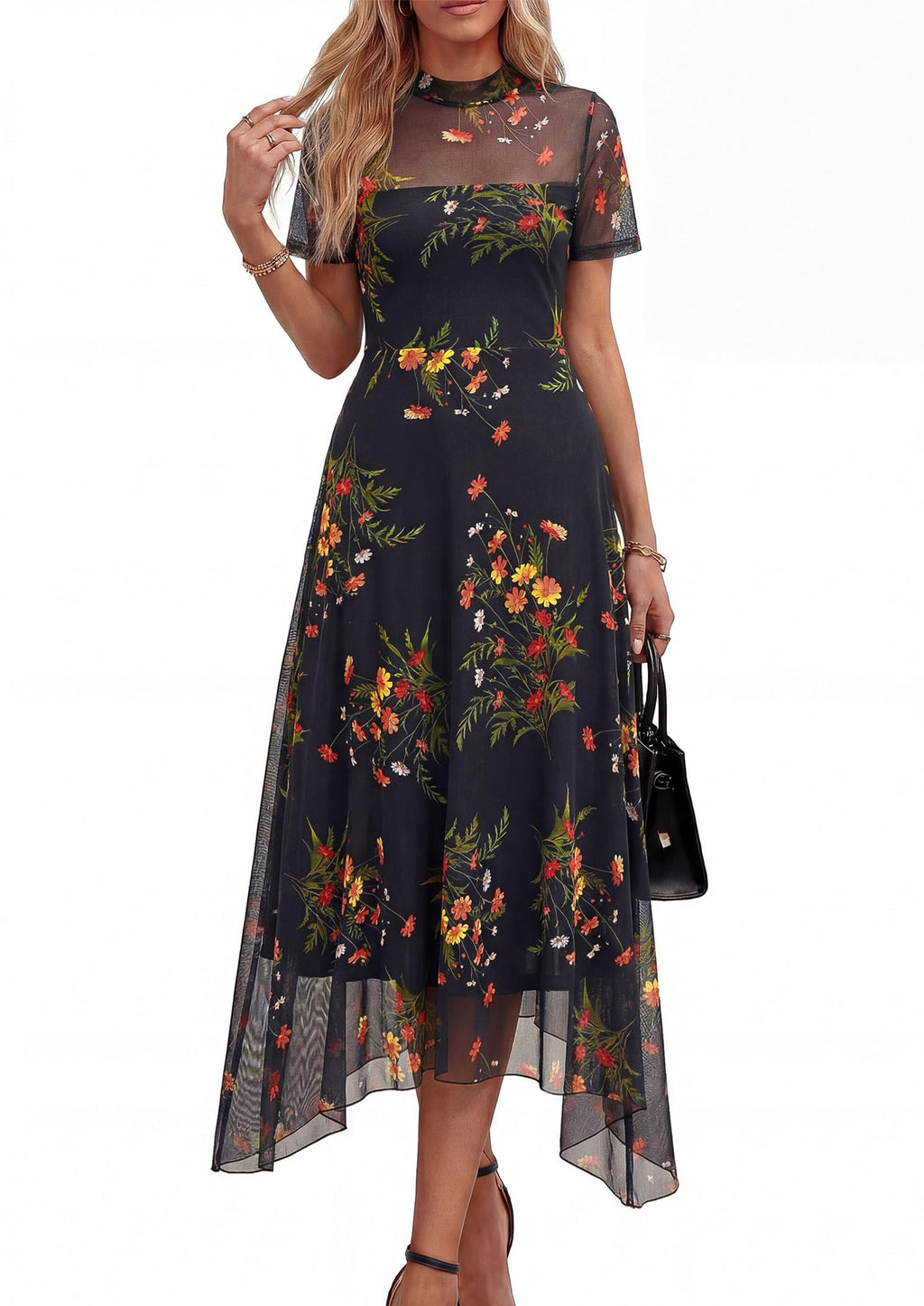 PRETTYGARDEN Cocktail Dresses for Women 2026 Summer Short Sleeve Floral Mesh Sheer Midi Party Wedding Guest Dress (Floral Black Yellow,Medium)