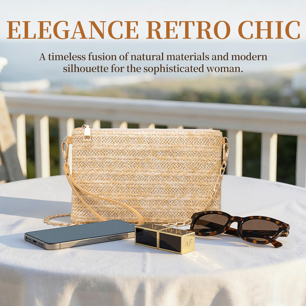 Larcenciel Straw Clutch Purses for Women w/Wrist Strap, Beige Woven Beach Purse & Chain Zipper, Boho Evening Wristlet Wallet, Summer Shoulder Crossbody Bag for Wedding Prom Vacation,8.6x5.7x0.4in