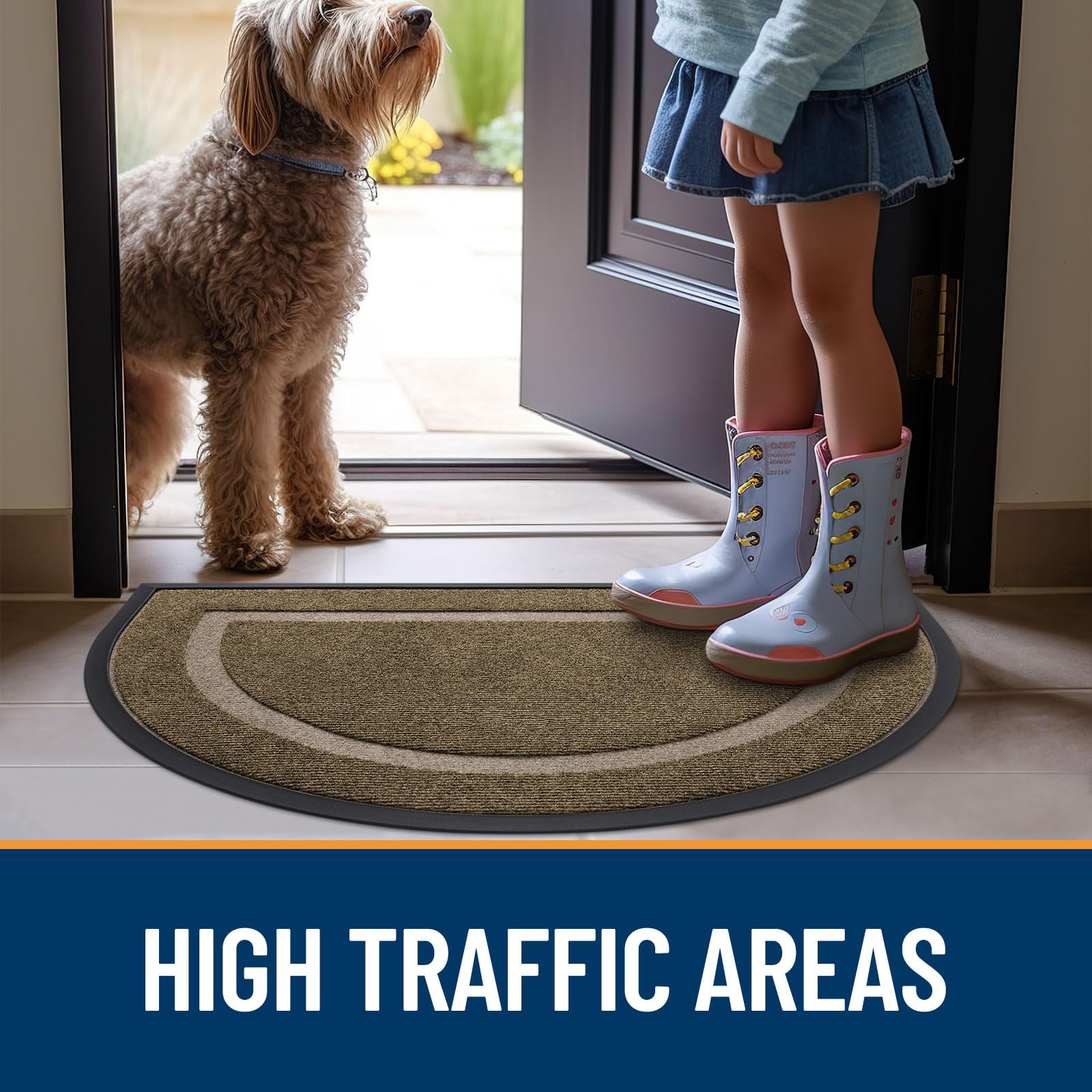 OLANLY Half Circle Door Mat Indoor Outdoor Entrance Welcome, Waterproof All-Season, All-Weather Doormat, Sturdy Natural Rubber, Low Profile, Easy Clean Patio Porch Entryway Mat, 47x32, Brown