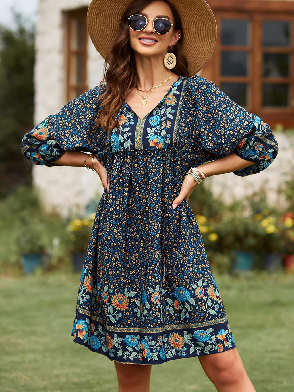 Qearal Womens Summer Beach Dresses V Neck 3/4 Long Sleeve Floral Print Casual Dresses Navy, XL