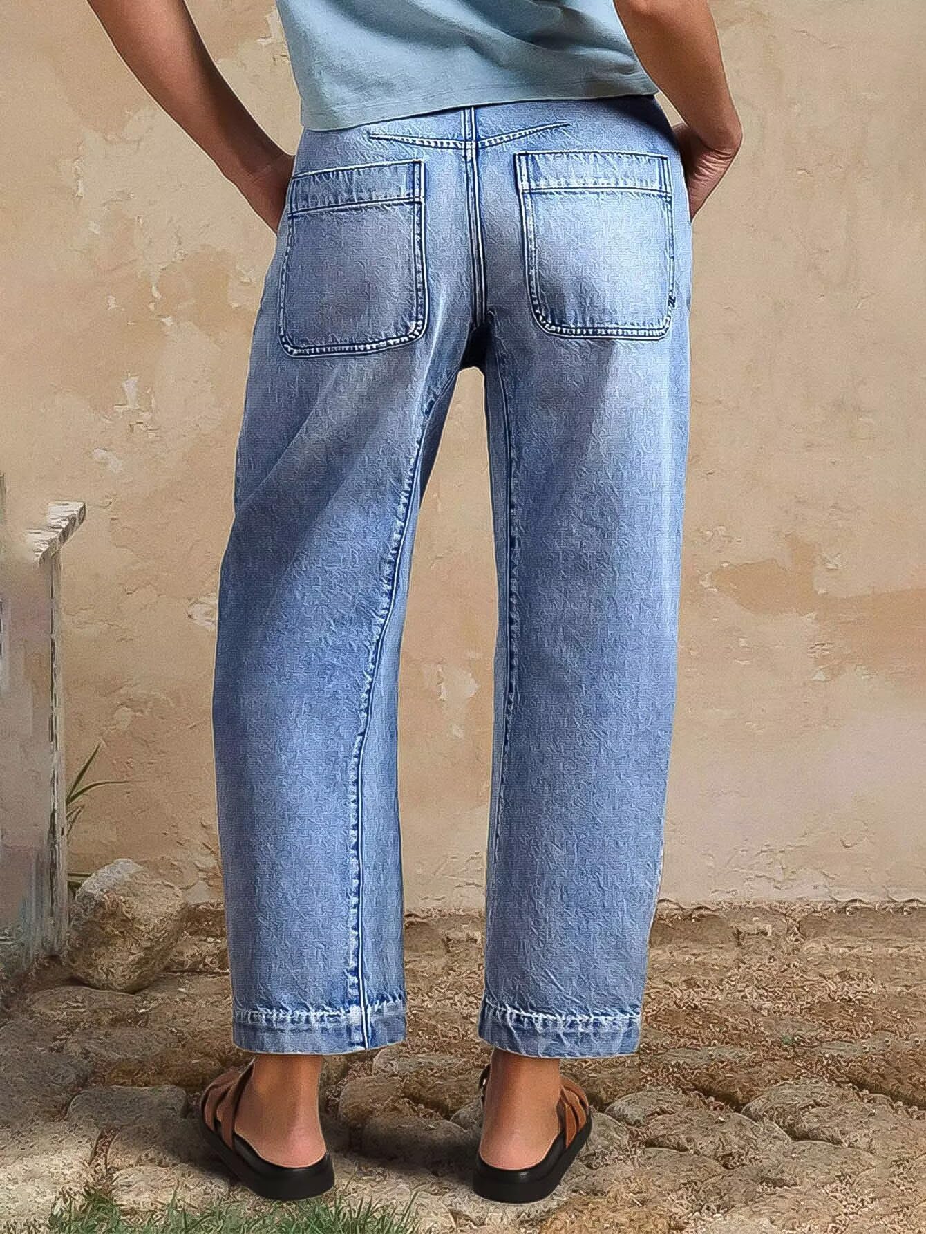 Flamingals Straight Leg Jeans for Women Mid Rise Barrel Cropped Casual Wash Stitch Detail Denim Jeans Without Belt Light Blue L