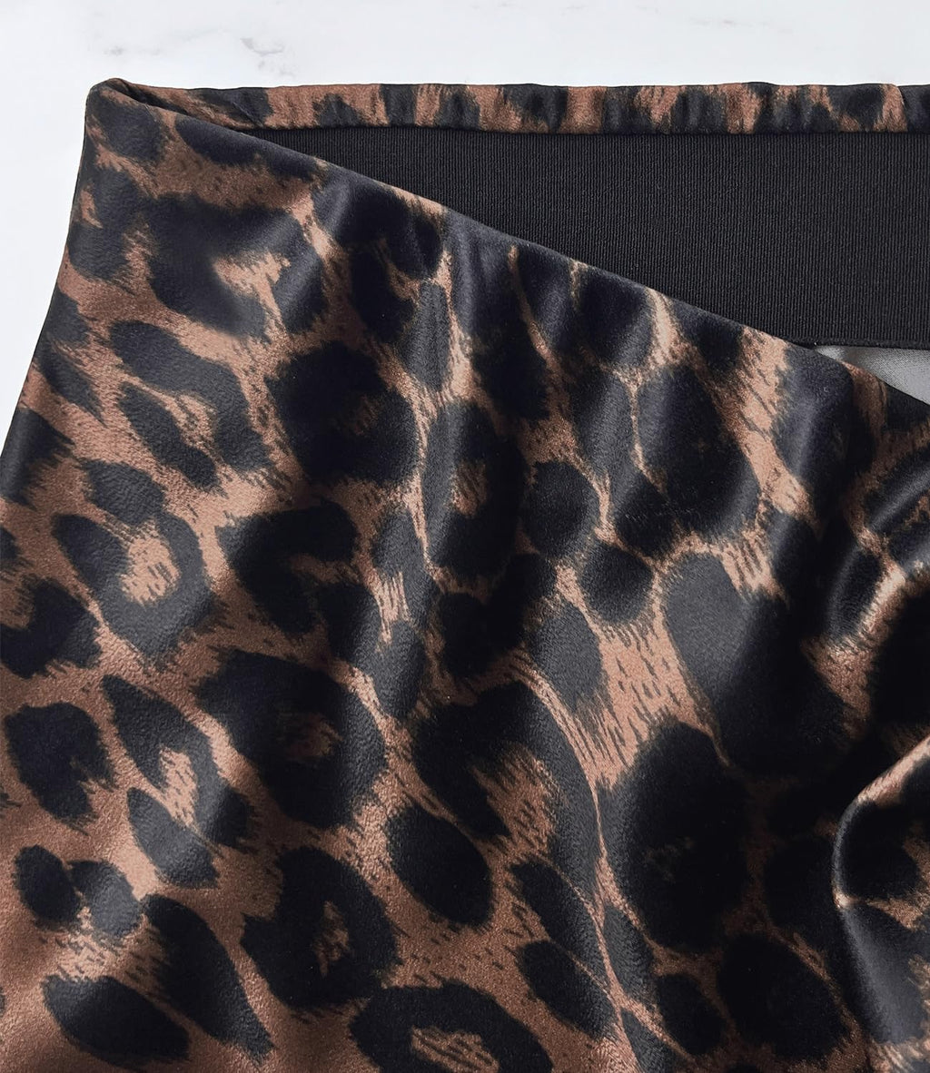 Women's Satin Mini Skirt Leopard Print High Waist Elastic Y2k Cute Silk Short Skirts for Women