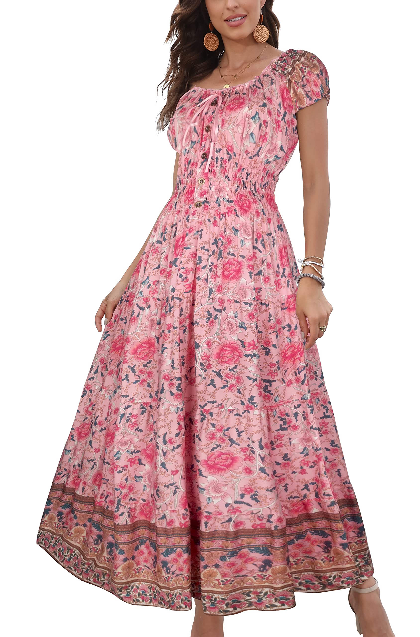 OSTOO Women's 2026 Summer Short Sleeves Boho Floral Print Tiered Casual Flowy Long Maxi Dress(Pink,M)
