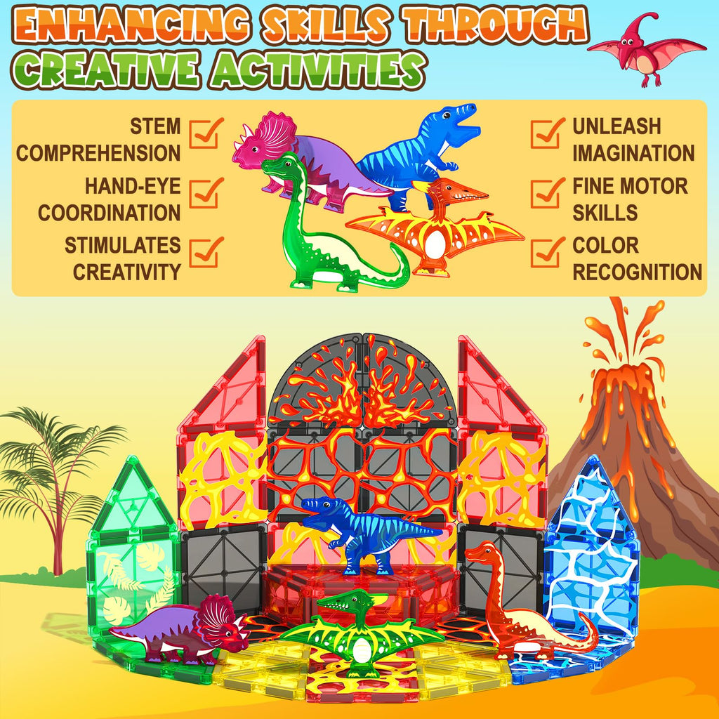 Coodoo Dinosaur Toys Magnetic Tiles Lava Dinosaur World Set - Magnetic Blocks Building for Kids 3-5 5-7 Girls Boys Toy Age 4-6 6-8, Classroom Must Haves Toddler Sensory for 3+ Year Old Kids Toys