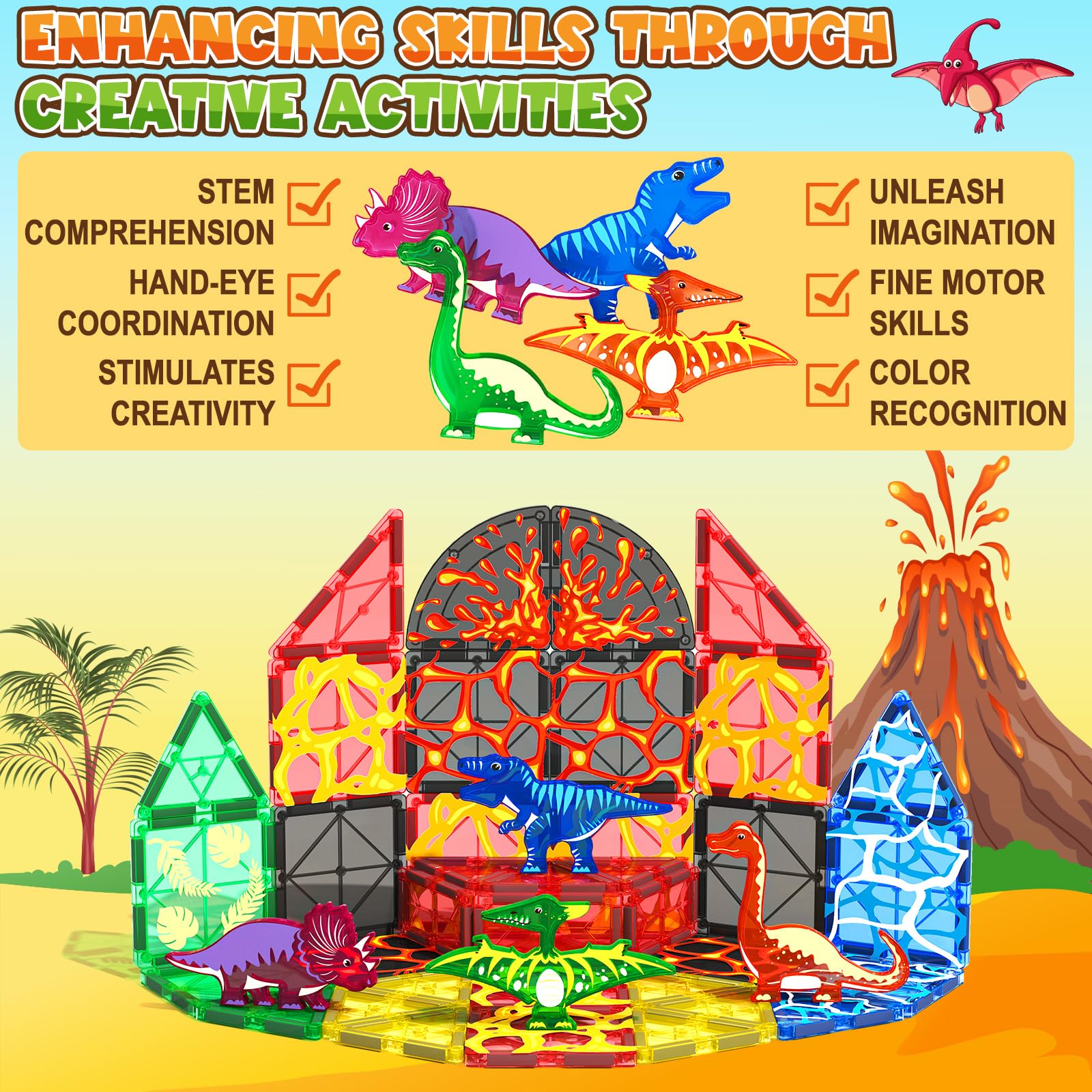 Coodoo Dinosaur Toys Magnetic Tiles Lava Dinosaur World Set - Magnetic Blocks Building for Kids 3-5 5-7 Girls Boys Toy Age 4-6 6-8, Classroom Must Haves Toddler Sensory for 3+ Year Old Kids Toys