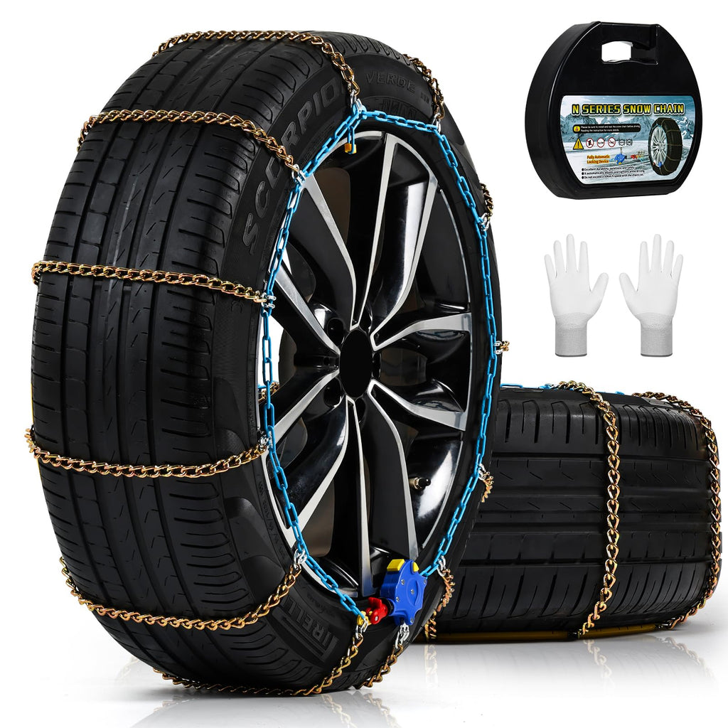 Auto Tightening Snow Chains for Cars, SUVs & Pickup Trucks – 1-Min Quick-Fit Auto Installation, Reusable Universal Emergency Traction Tire Chains – Set of 2（ALN120）
