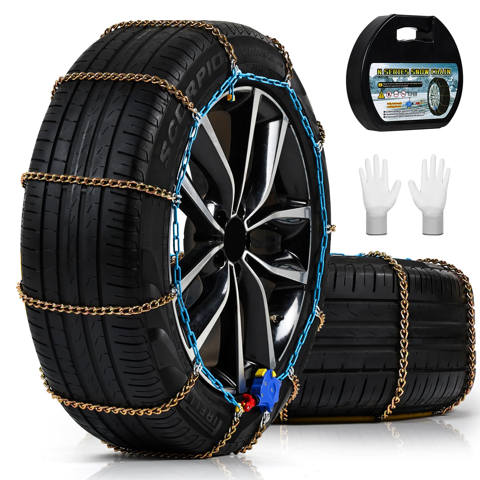 Auto Tightening Snow Chains for Cars, SUVs & Pickup Trucks – 1-Min Quick-Fit Auto Installation, Reusable Universal Emergency Traction Tire Chains – Set of 2（ALN120）