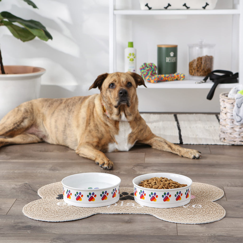 Bone Dry Ceramic Food Bowls, Non-Slip & Dishwasher Safe, Large Set, 7.5x2.4, Rainbow Paw, 2 Count
