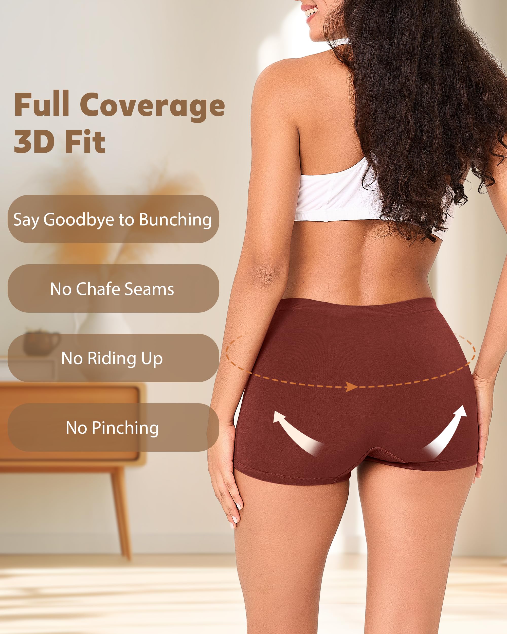 BAMBOO COOL Seamless Boyshort Underwear for Women Mid Waist Stretchy Panties Moisture Wicking Boxer Briefs 5 Pack