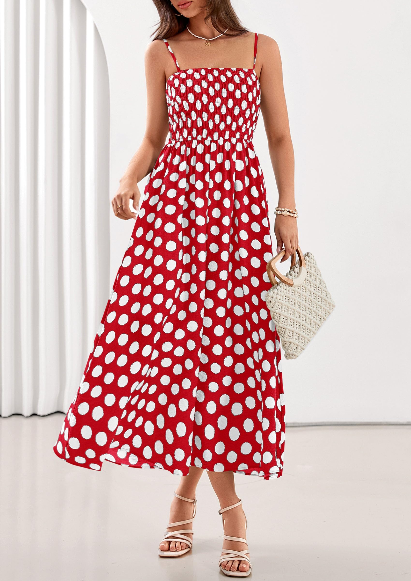 PRETTYGARDEN Womens Polka Dot Dress 2026 Summer Spaghetti Strap Smocked Sundress Beach Vacation Wedding Guest Midi Dresses(Red,X-Small)