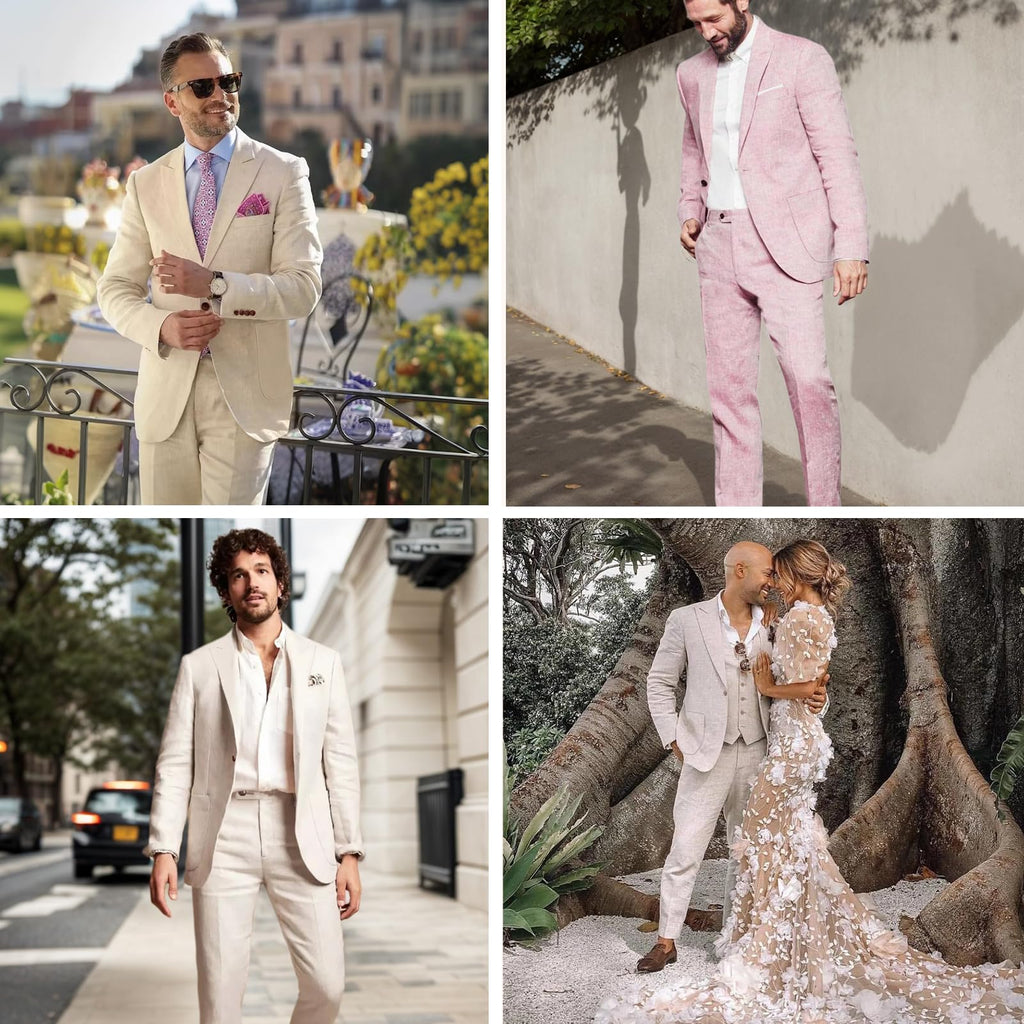Diaryan Linen Men Suit Beige 2 Piece One Button Classic Fit Dress Suit Solid Jacket and Trousers Set for Wedding Business XS