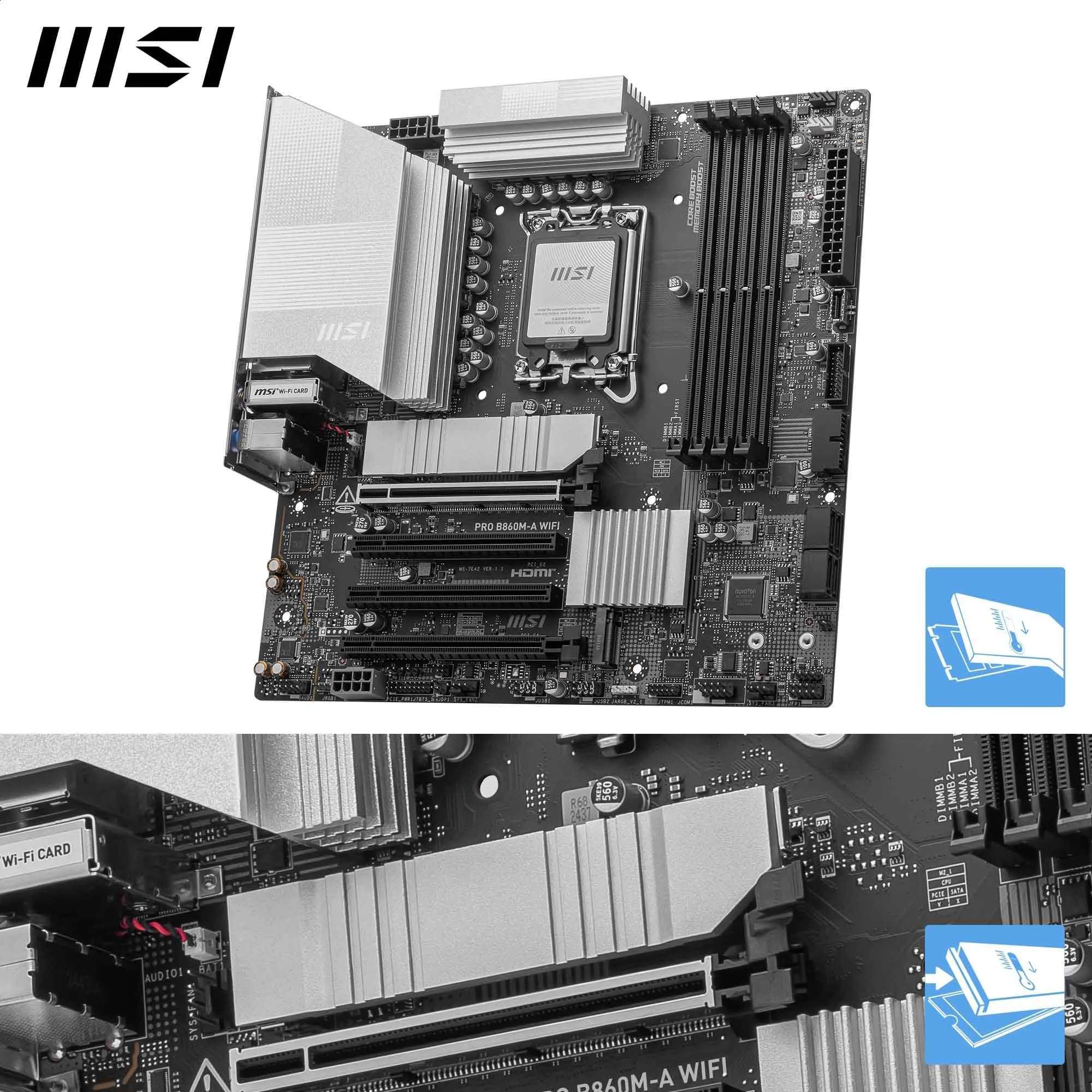 MSI PRO B860M-A WiFi Motherboard, mATX - Supports Intel Core Ultra Processors (Series 2), LGA 1851-12 DRPS, DDR5 Memory Boost (8600+ MT/s OC), PCIe 5.0 x16 & 4.0 x16, M.2 Gen5, Wi-Fi 7, 5G LAN