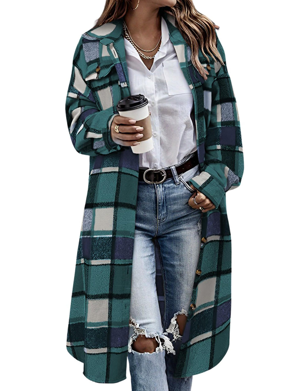 Himosyber Women's Casual Plaid Lapel Woolen Button Up Pocketed Long Shacket Coat(Green-XXL)