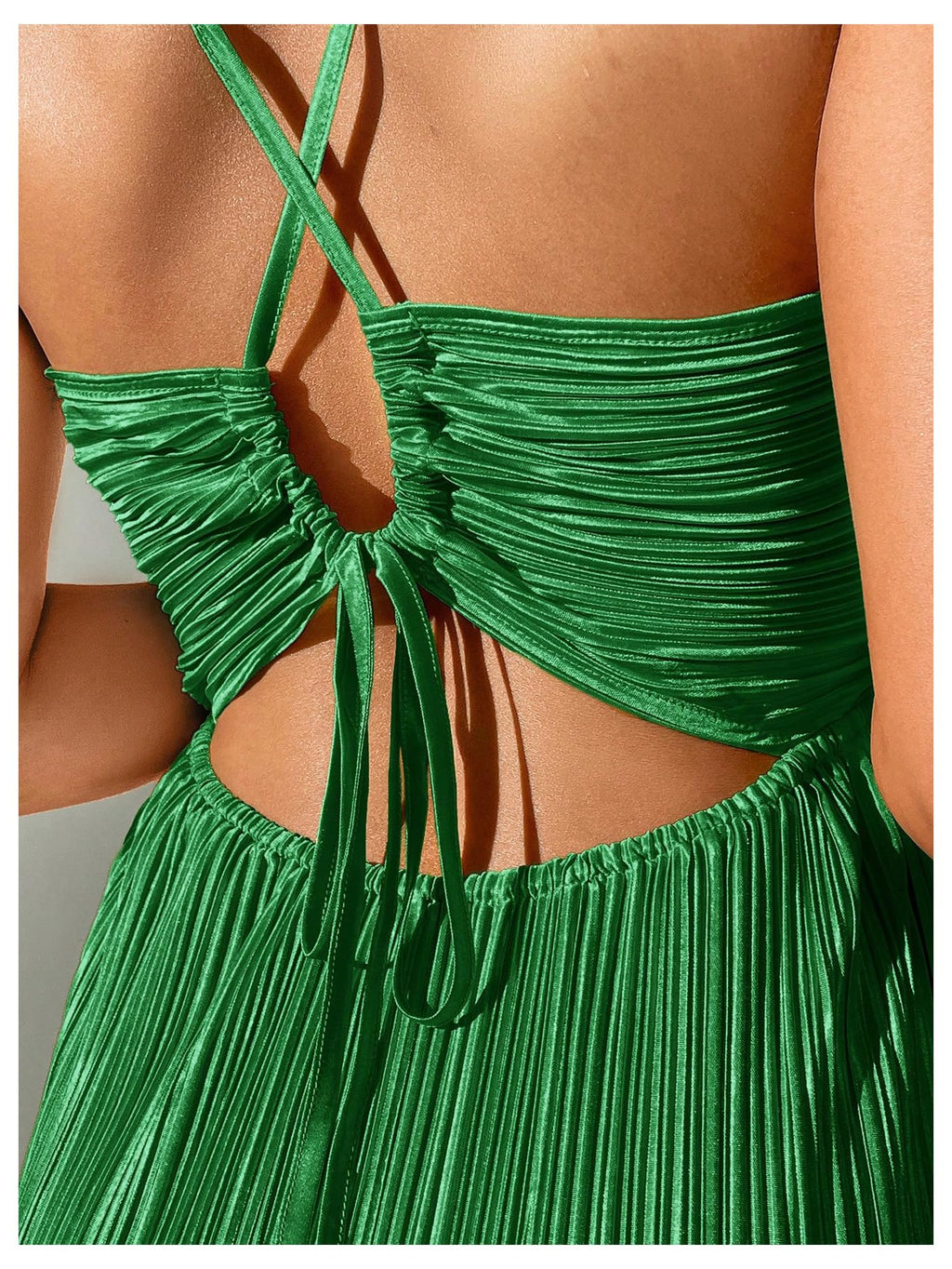 OYOANGLE Women's Summer Textured V Neck Sundress Tie Back Spaghetti Strap Pleated A Line Beach Long Maxi Party Dress Green Small
