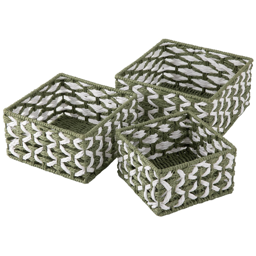 OIAHOMY Storage Baskets Paper Rope Shelf Baskets, Handwoven Small Wicker Bins for Home, Set of 3-Green & White