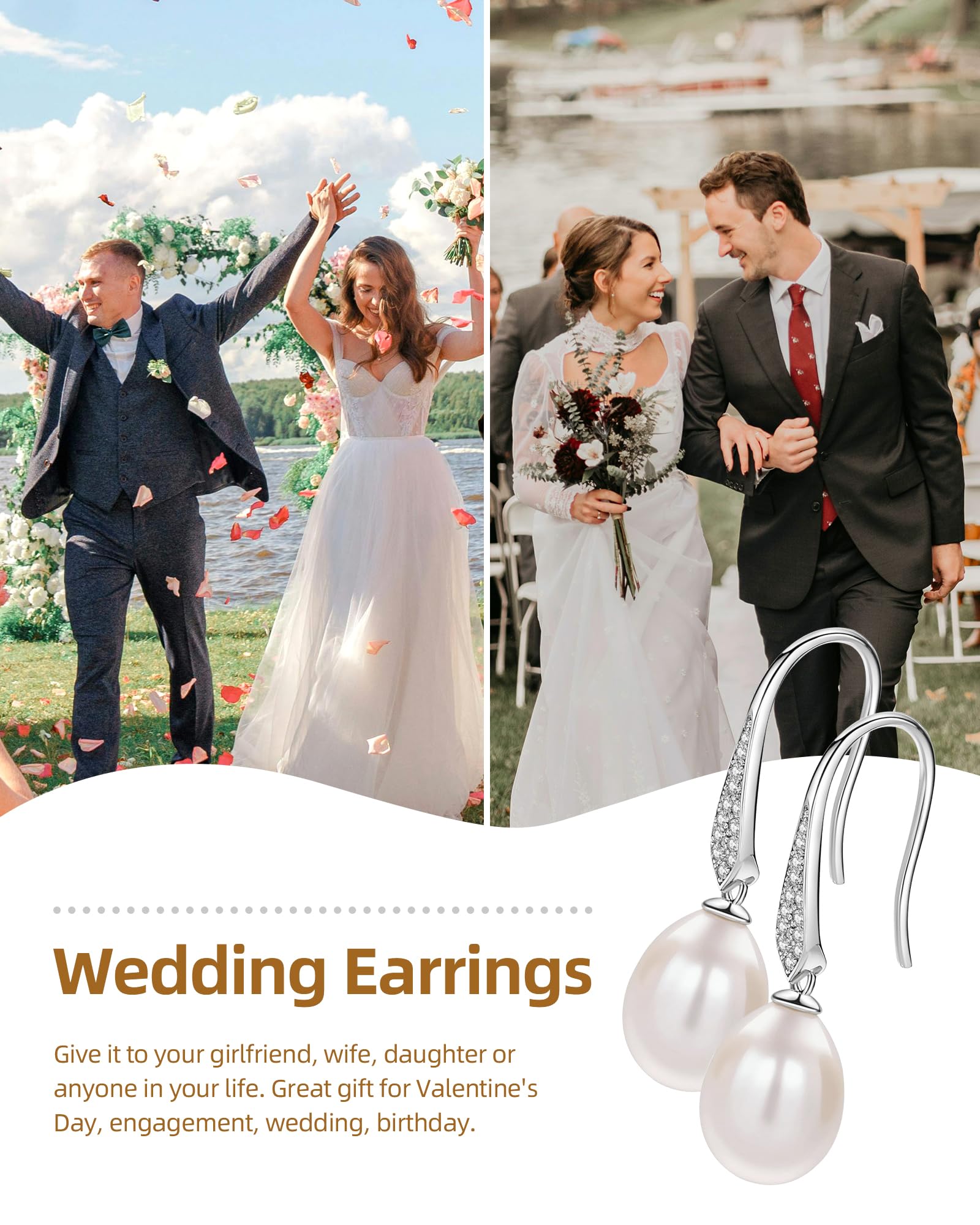 Pearl Drop Earrings for Women, Gold Plated & 925 Sterling Silver, Pink & White Dangle Earrings, Dainty Cute Elegant Bridal Wedding Gift for Her