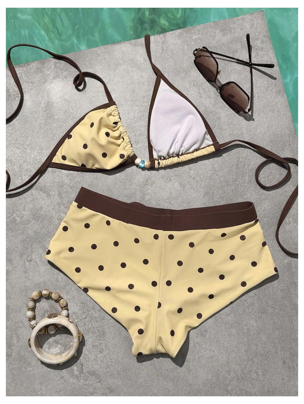 WDIRARA Women's Polka Dots 2 Piece Swimsuit Triangle Halter Bikini Set Boyshorts Bathing Suit Light Yellow Small