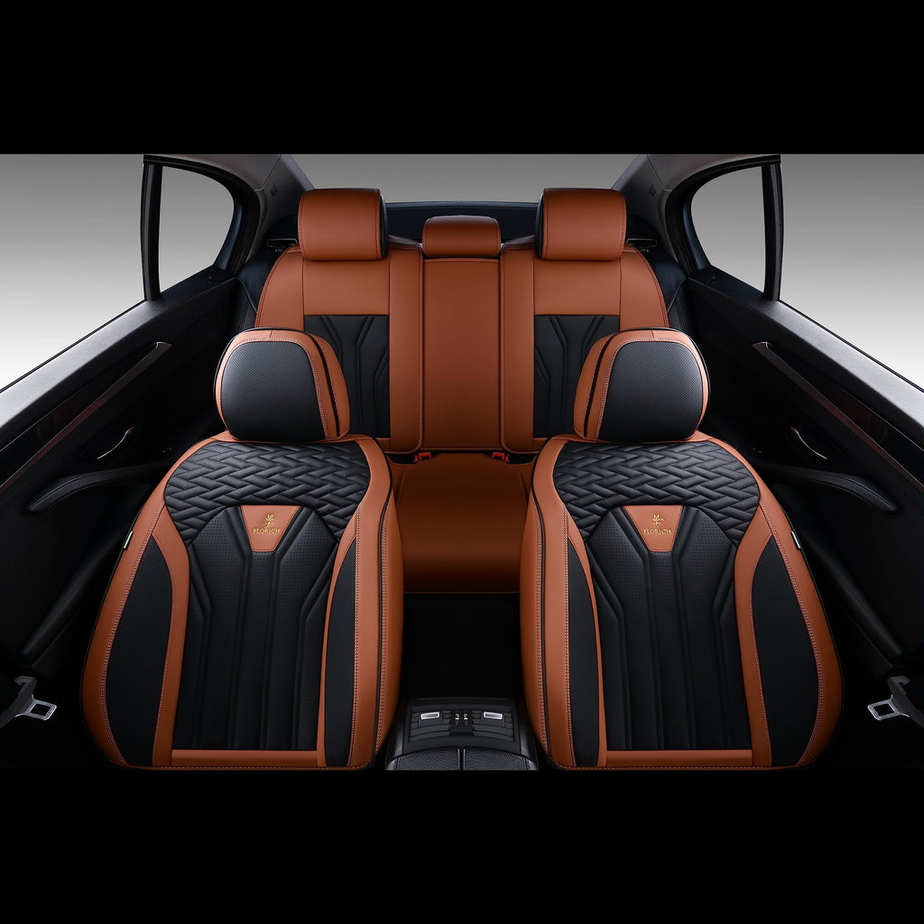 FLORICH Leather Seat Covers, Seat Covers Full Set, Car Seat Protectors 5 Seats,Automotive Seat Covers Fit for Most Cars Trucks-Brown&Black