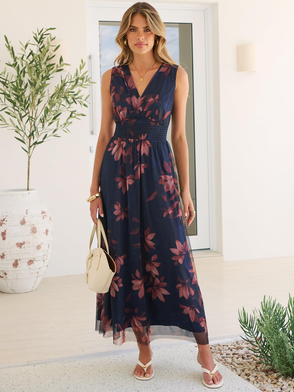 ANRABESS Womens Summer Floral Dress V Neck Sleeveless A Line Wedding Guest Maxi Tulle Dresses Casual Beach Vacation Clothes Brown Beige Floral X-Large