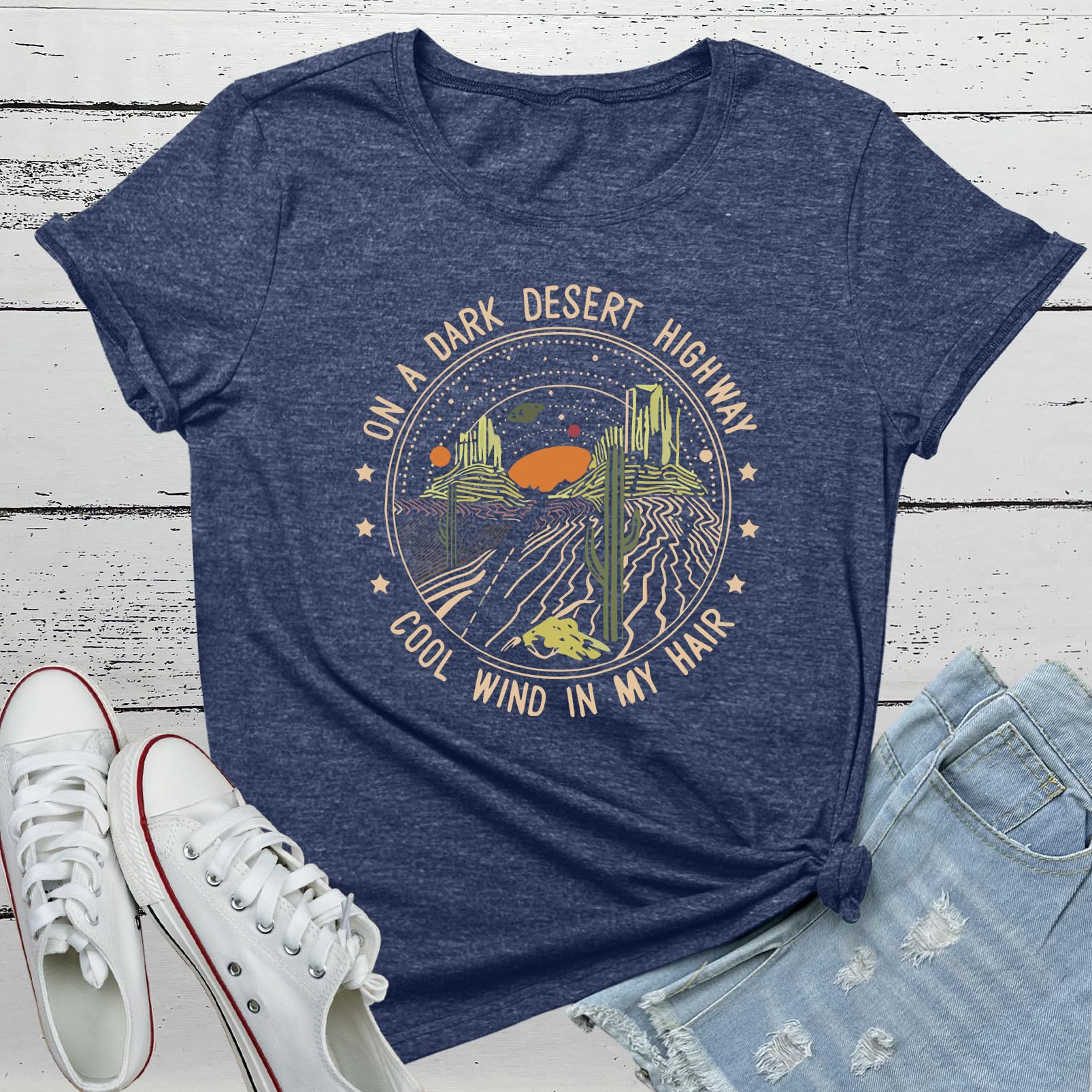 ROSEPARK Women Dark Desert Cute Graphic Tee Shirts Heather Navy X-Large