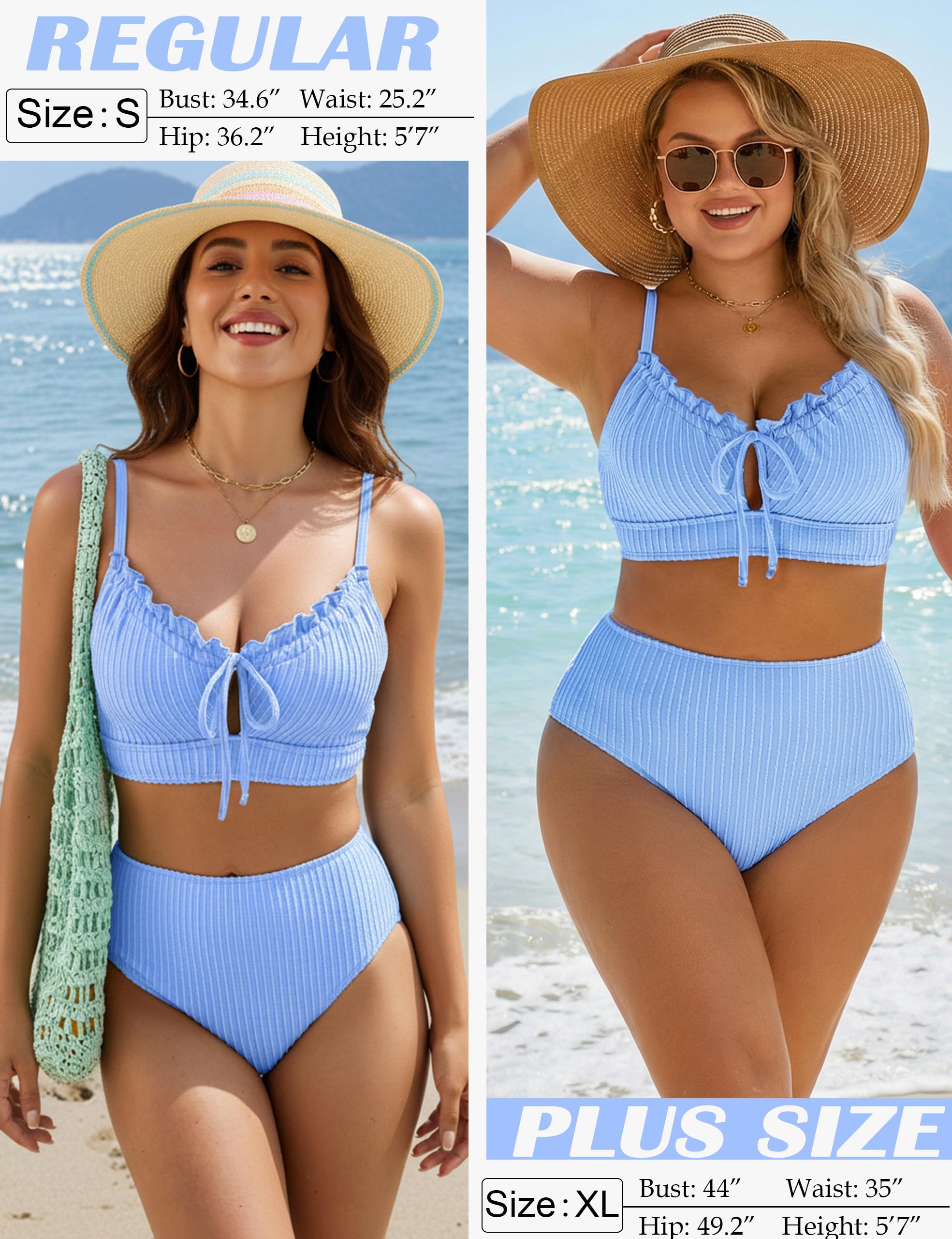 BMJL Bikini Sets for Women High Waisted Bathing Suits Ribbed 2 Piece Full Coverage Swimsuits Flattering Resort Swimwear（S,Sky Blue）