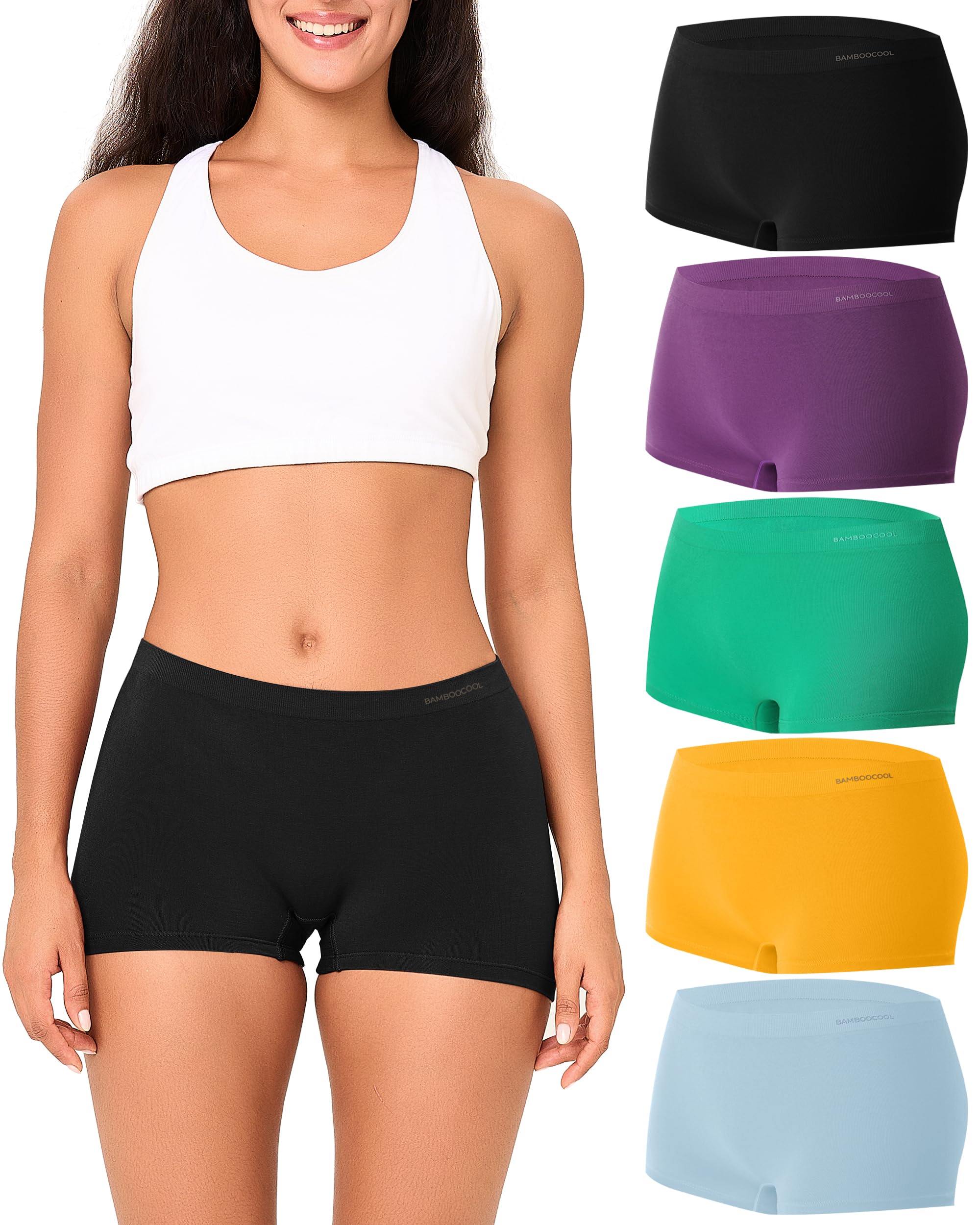 BAMBOO COOL Womens BoyShorts Underwear Seamless Boxer Briefs Mid Waist Full Coverage Moisture Wicking Ladies Panties 5 Pack