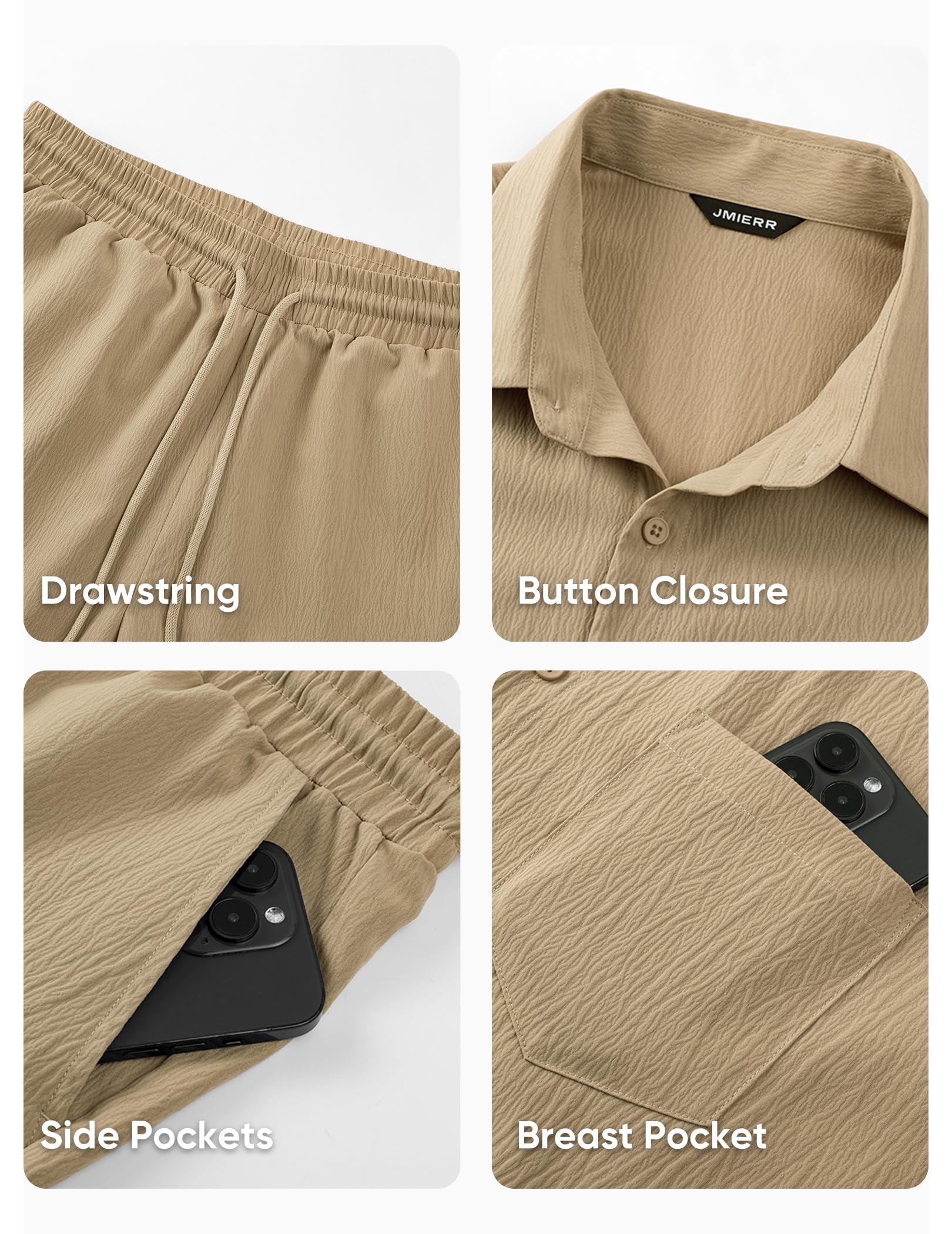 JMIERR 2 Piece Set for Men Beach Sets 2026 Linen Drawstring Summer Vacation Old Money Cruise Texture Outfits, S, Khaki