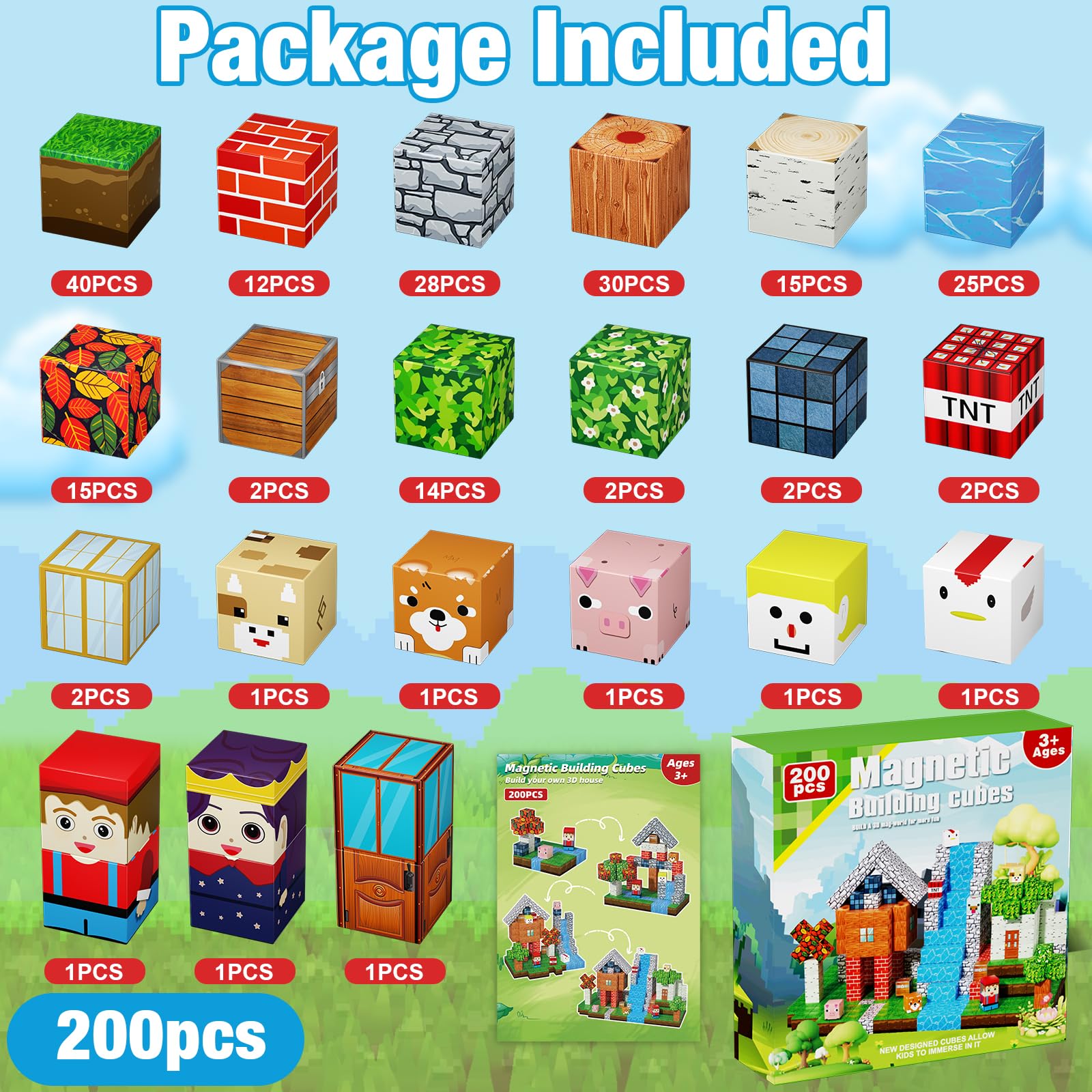 200PCS Magnetic Blocks, Magnetic Building Cube Toys for Kids, STEM Montessori Stacking, Sensory Education Toys for Toddlers Building World Set, Christmas Birthday Gifts for Kids Age 3 4 5 6 7 8 9 10