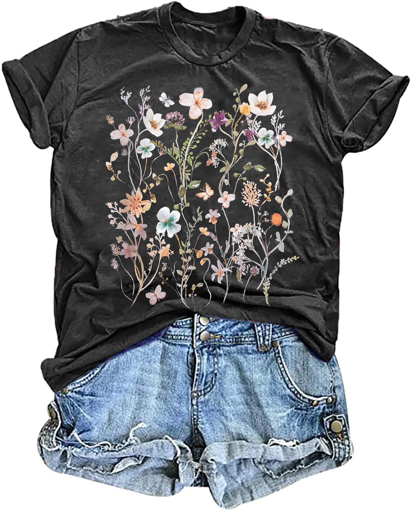 Women's Vintage Floral T Shirt Boho Wildflower Graphic Loose Tees Short Sleeve Casual Tops (A1-Dark Grey1, XL)