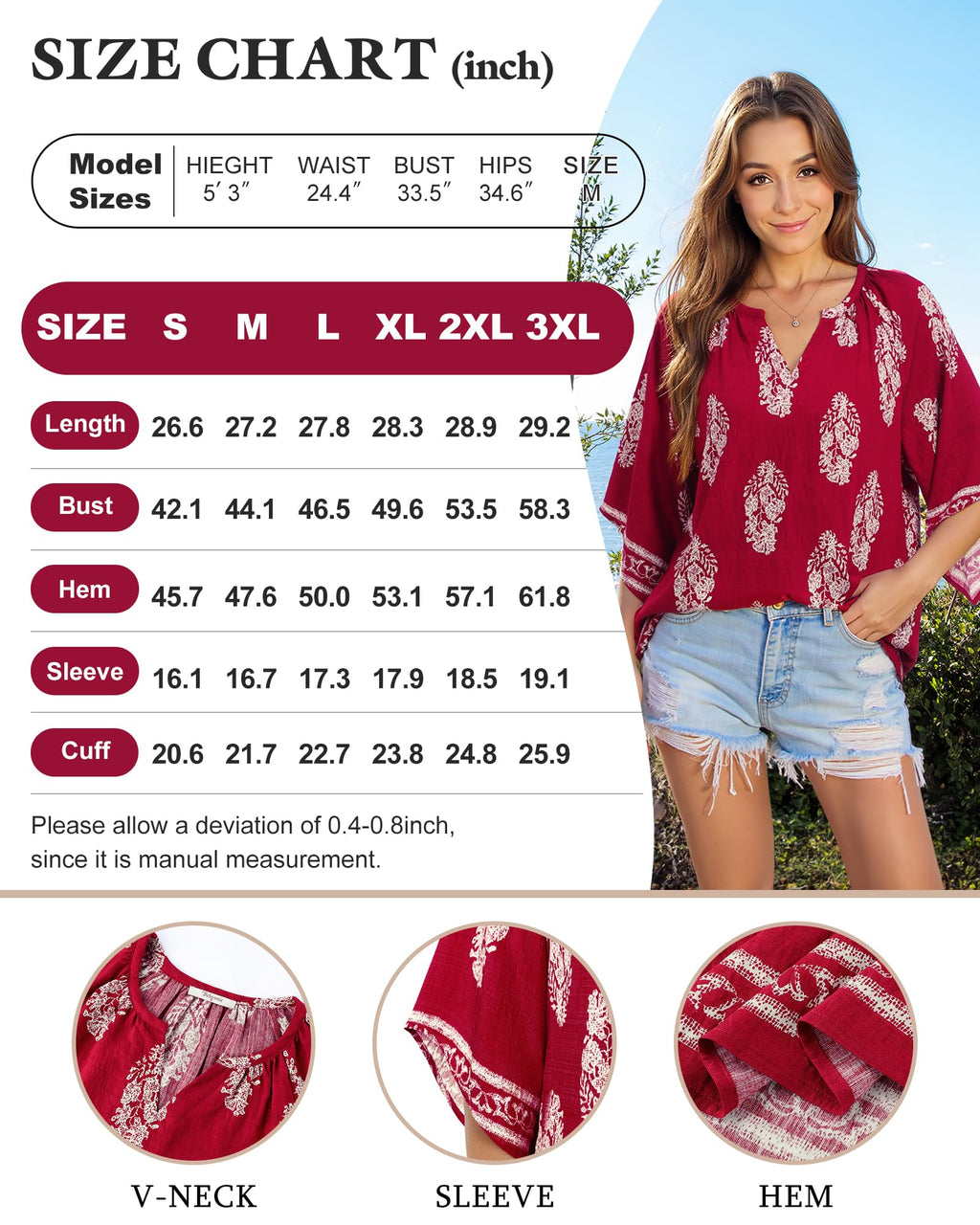 Bebonnie Summer Blouses for Women 2025: 3/4 Sleeve Dressy Casual V Neck Boho Tops - Professional Blouses for Women Office Wear - Work Dress Shirts Teacher Clothes Multi Wine XXL