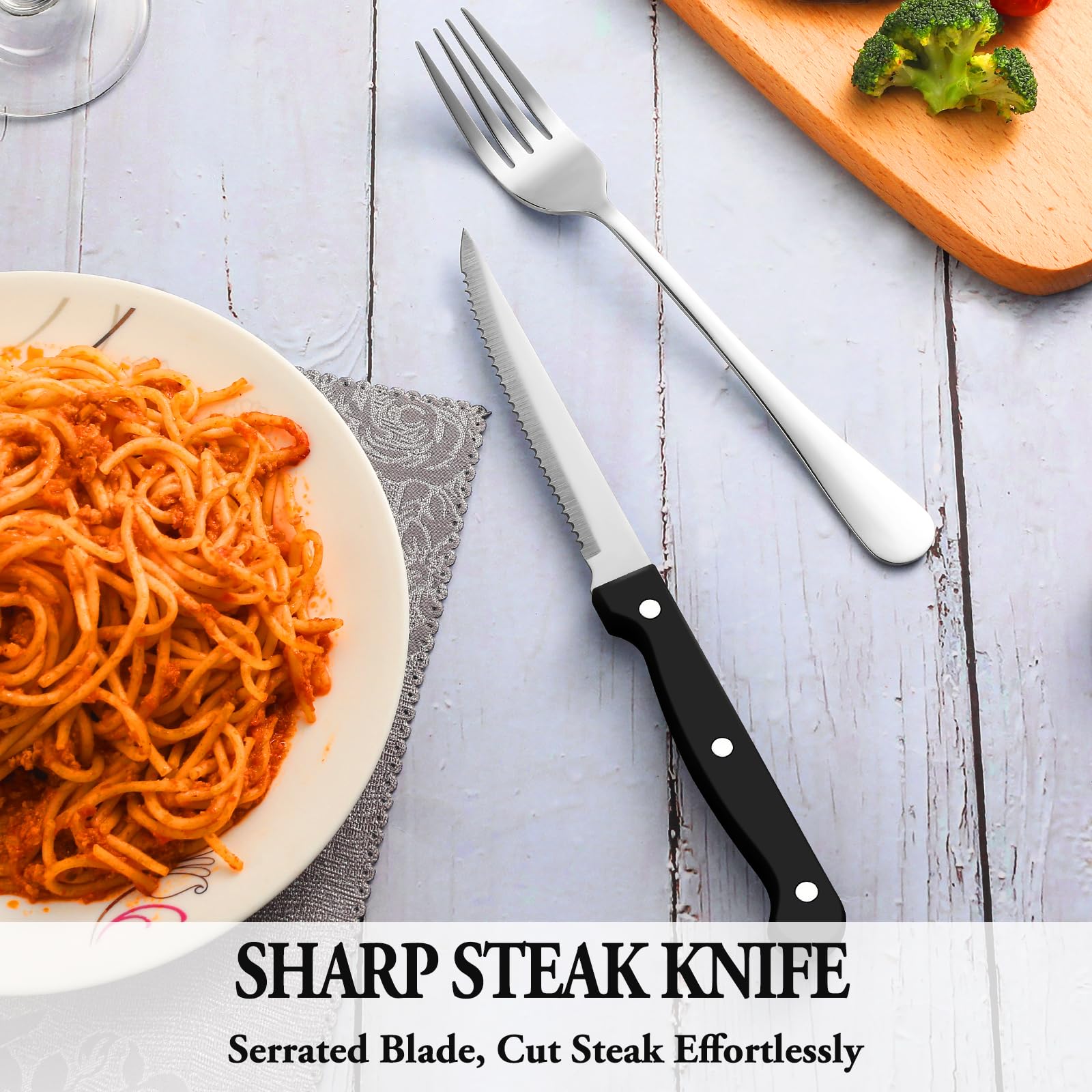 MUTNITT Silverware Set with Steak Knives Service for 4,Stainless Steel Flatware, Mirror Polished Cutlery Utensil Set for Home Kitchen Eating Tableware, Include Fork Knife Spoon, Dishwasher Safe