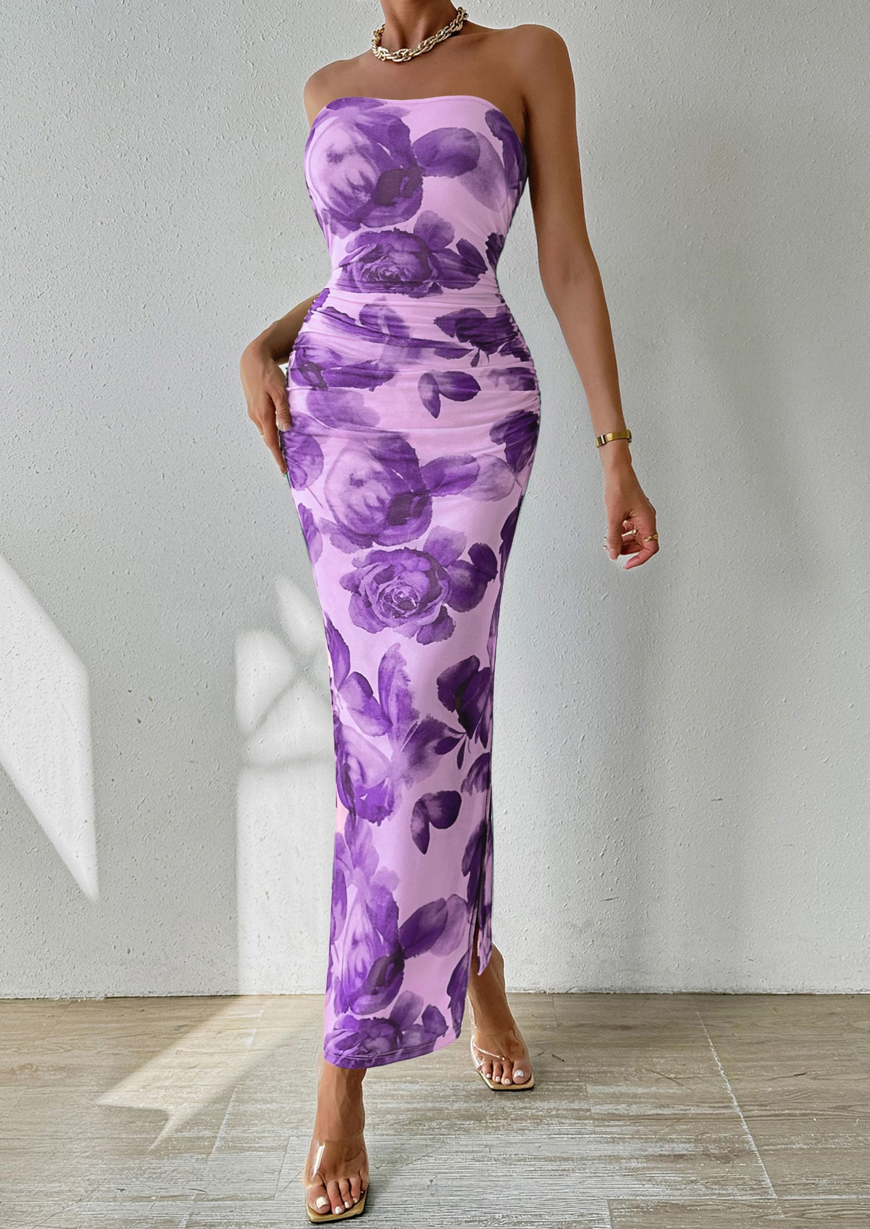 PRETTYGARDEN Women's Summer Wedding Guest Dress Strapless Tube Top Maxi Bodycon Long Floral Mesh Beach Vacation Party Dresses (Purple Flower,Medium)