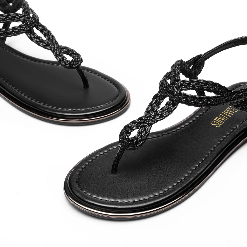 DREAM PAIRS Women's Flat Sandals Dressy Summer Stappy Comfortable Ankle Elastic T-Strap Beach Thong Sandals,Size 8,All Black,SDFS2406W