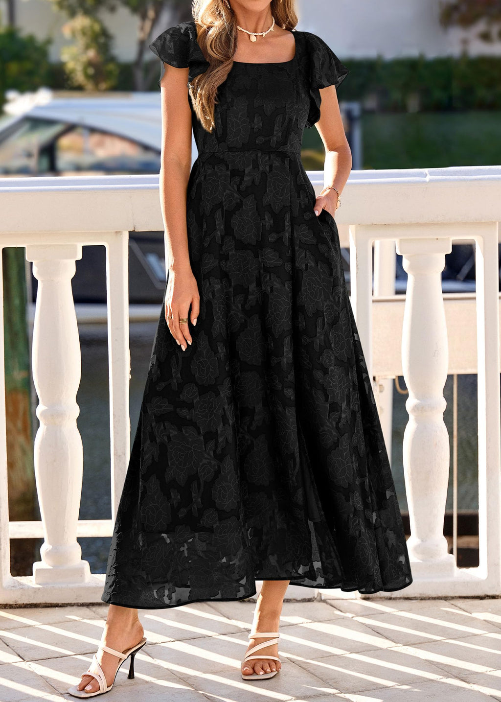 KIRUNDO Cocktail Dresses for Women Elegant Wedding Guest Summer Formal Maxi Lace Floral Slit Prom Party Bridesmaid Dress (Black, Large)