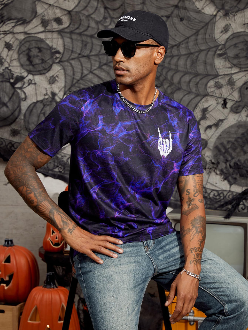Hardaddy Men's Casual Tie Dye T-Shirts Short Sleeve Round Neck Graphic Tee Rock Band Tee Shirts Purple Black XL