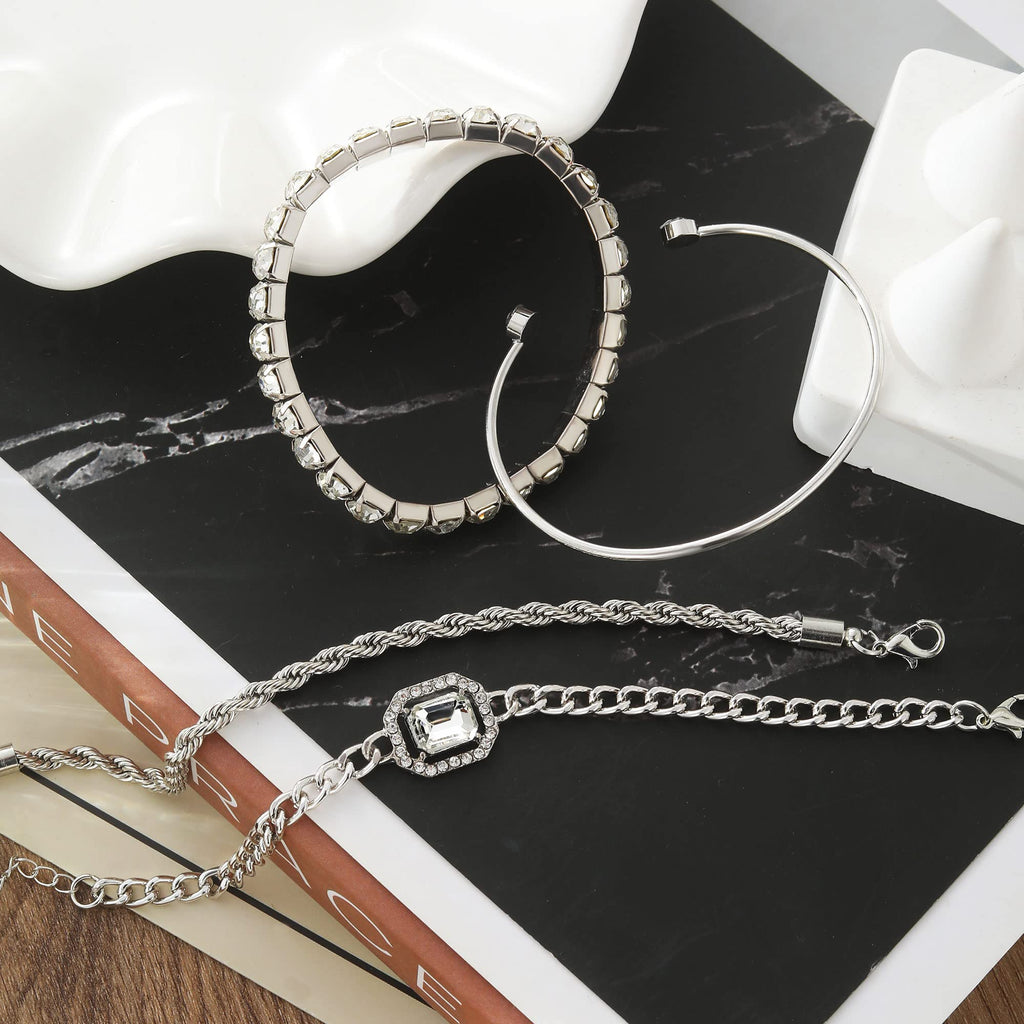17IF 4 Pcs Dainty Silver Bracelets Set for Women 14K Plated Link Cubic Zirconia Paperclip Stack Layering Chain Adjustable Trendy Hand Jewelry (Silver)