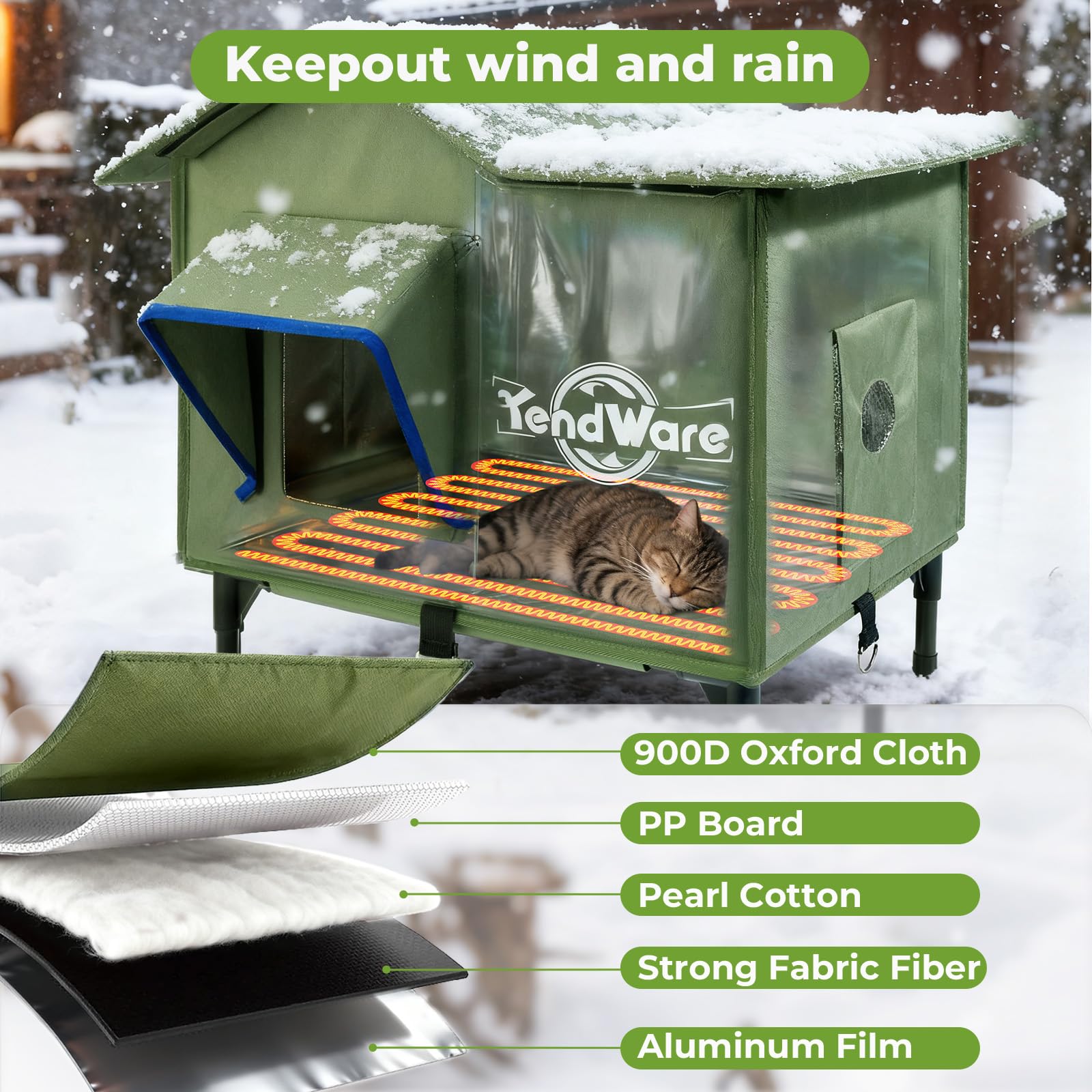 TENDWARE Outdoor Cat House Heated Cat House for Outside with Elevated Base Cat-Attracting Eave Design Feral Stray Shelter Weatherproof in Winter Garage Yard Porch