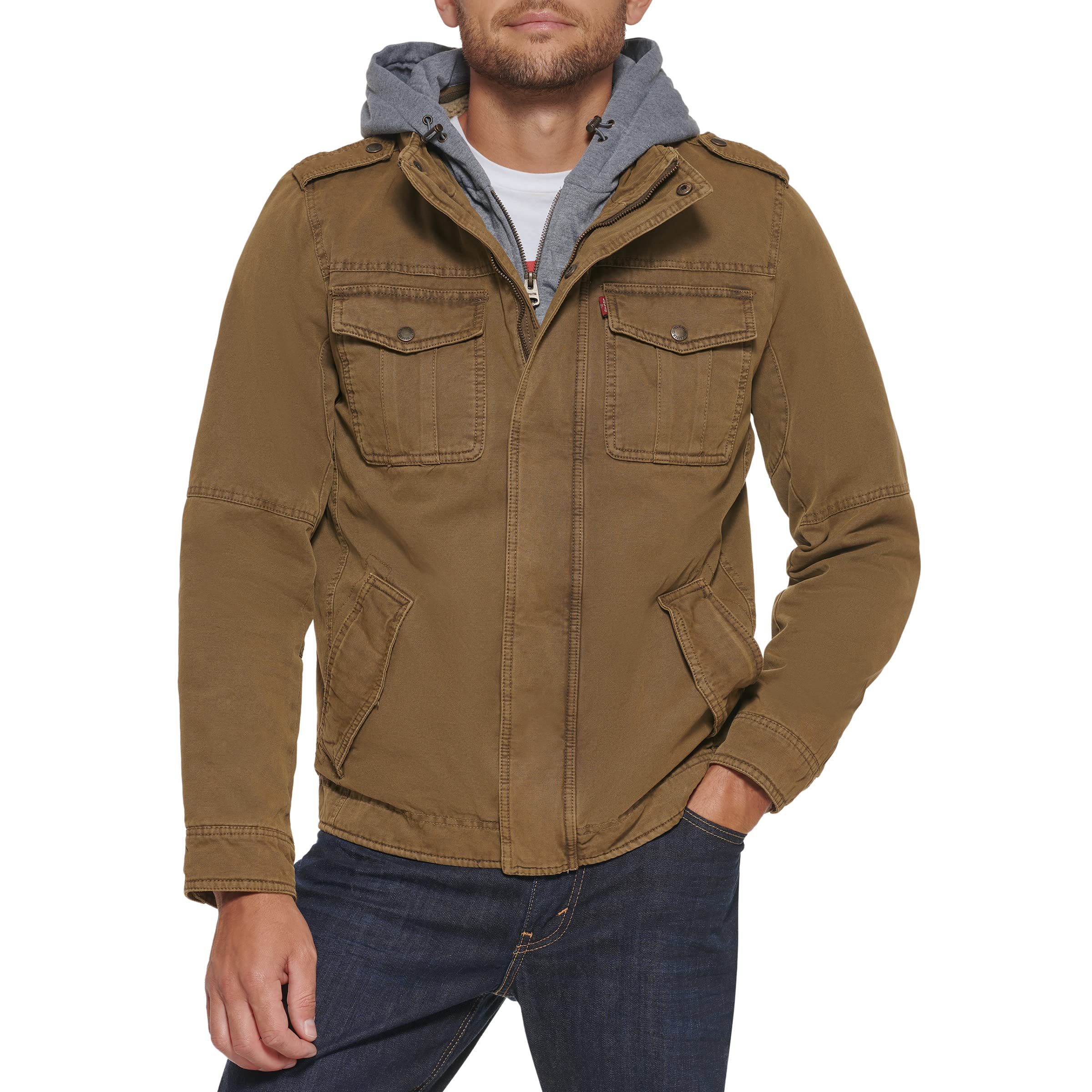 Levi's mens Washed Hooded Military cotton lightweight jackets, Khaki, X-Large US