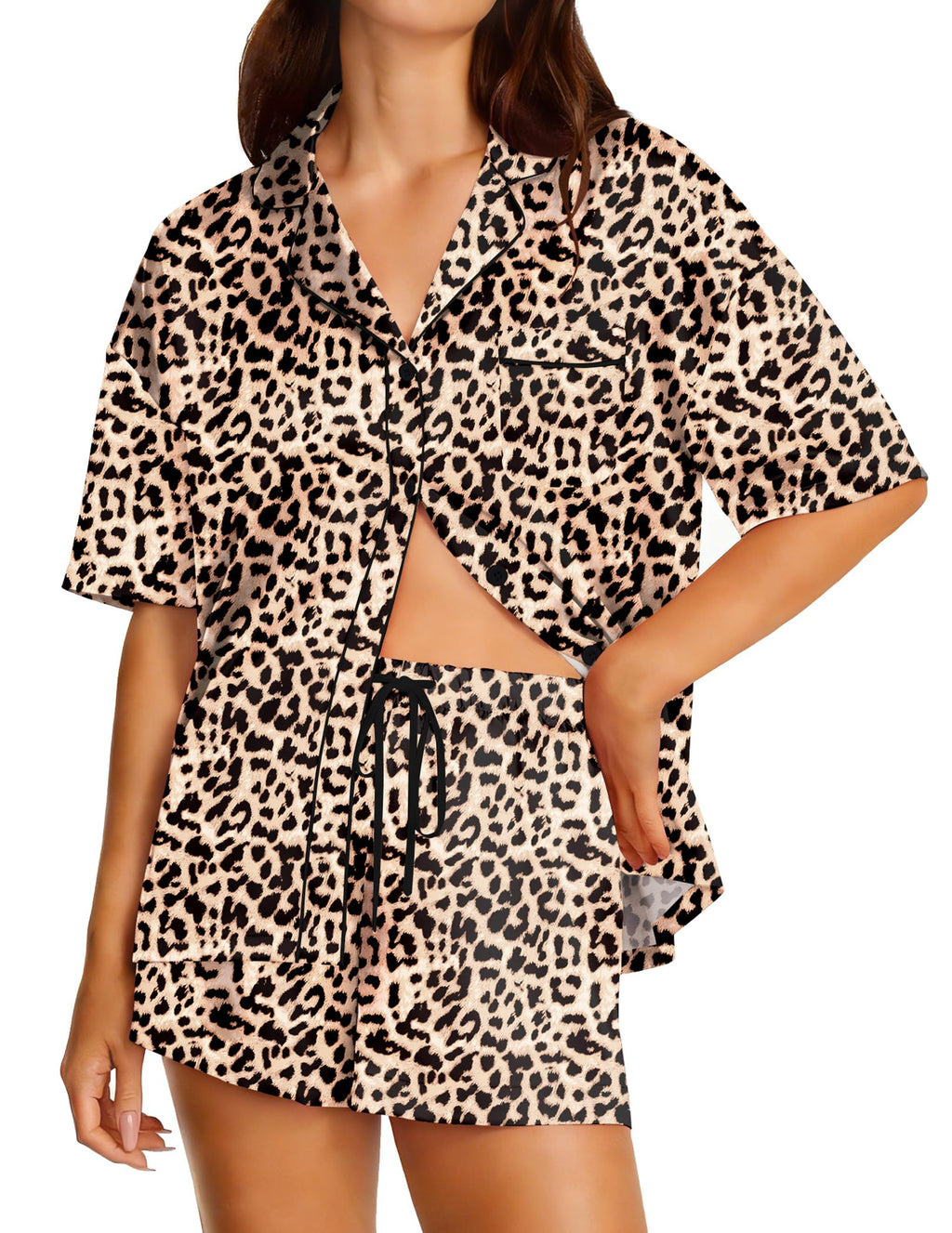Ekouaer Womens Silk Satin Pajama Set, 2 Piece Short Sleeve Button Up Pjs for Bridesmaids Getting Ready Outfits Brown Leopard Medium