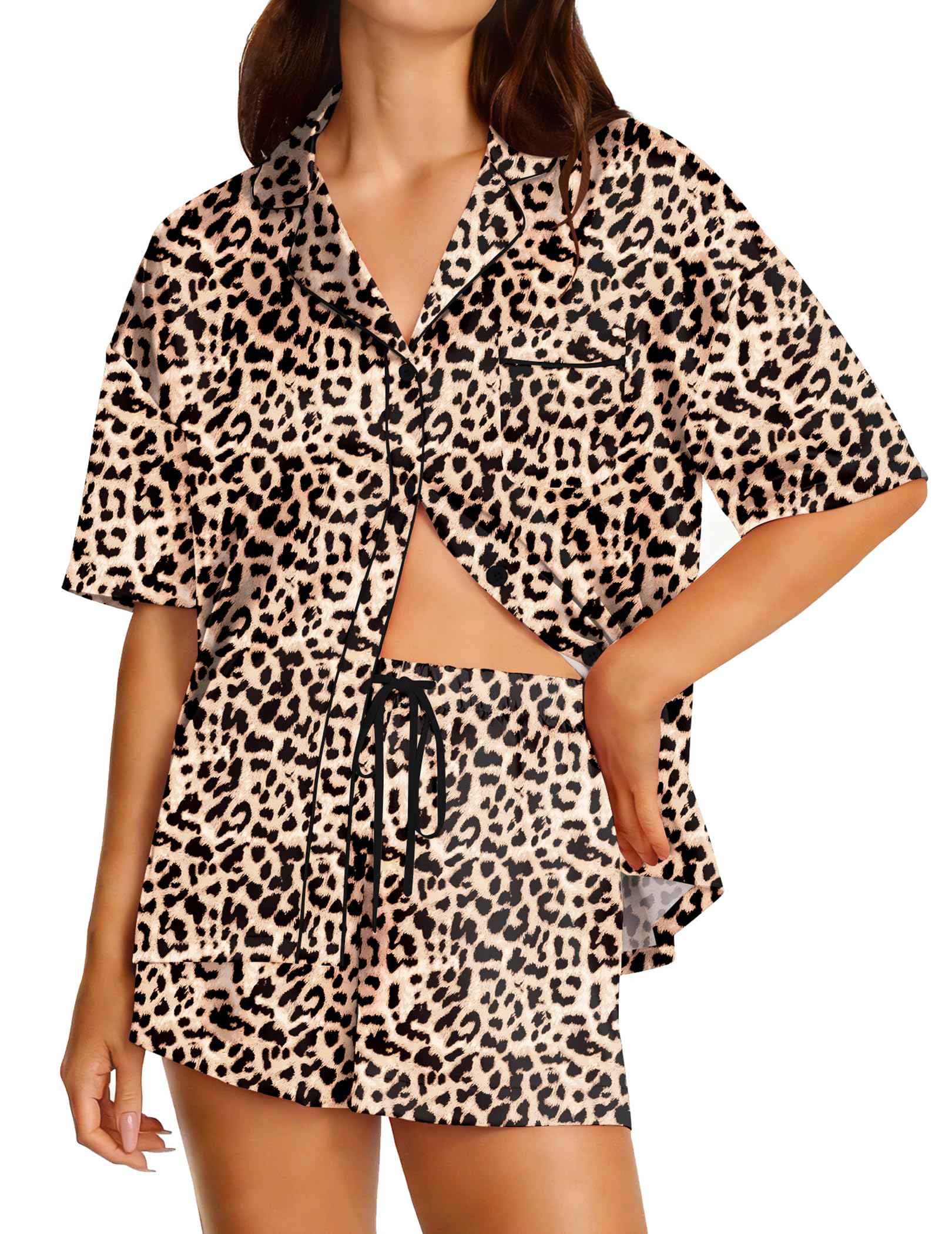 Ekouaer Womens Silk Satin Pajama Set, 2 Piece Short Sleeve Button Up Pjs for Bridesmaids Getting Ready Outfits Brown Leopard Medium