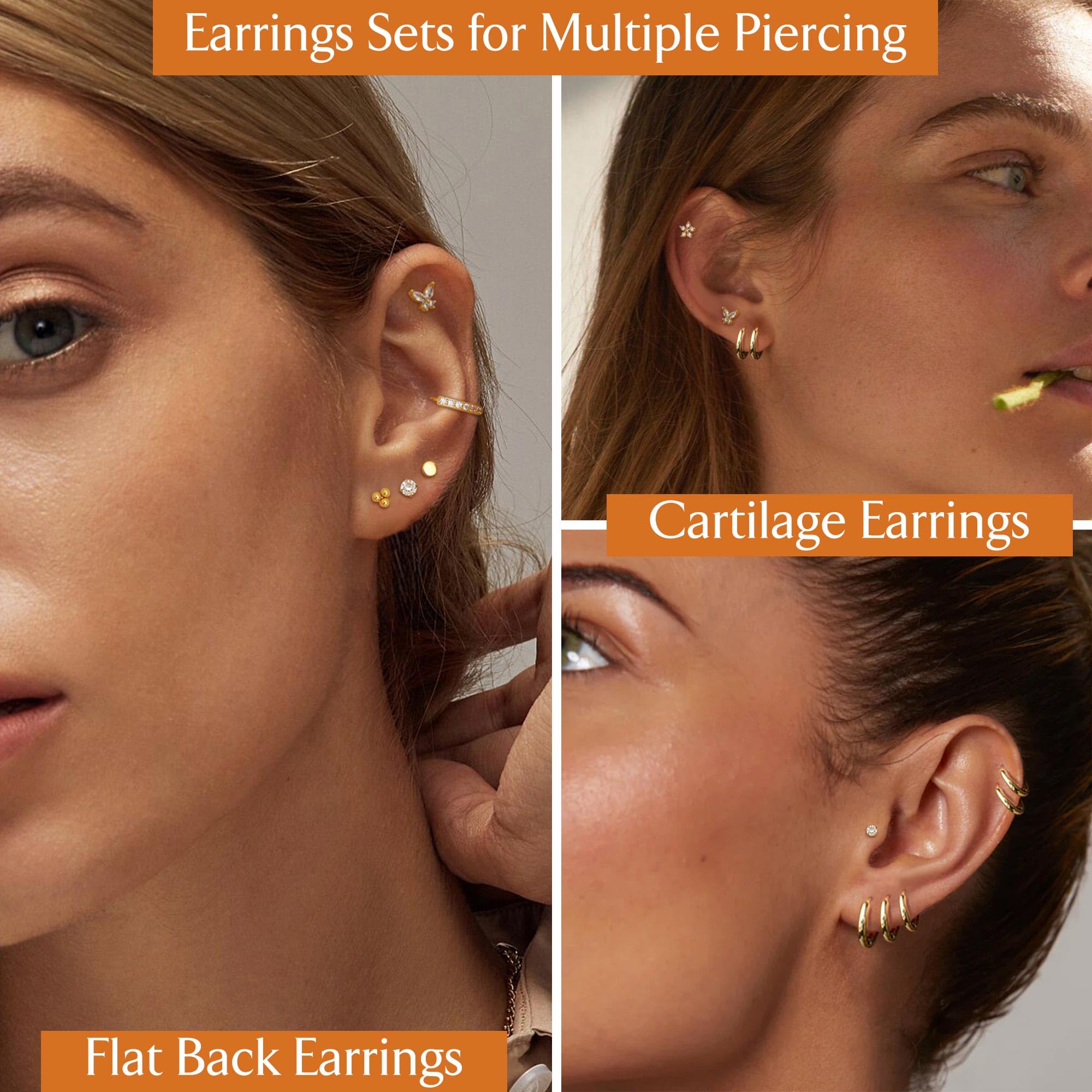 Jstyle Hypoallergenic 14K Gold Plated Flat Back Earrings for Women Men Surgical Stainless Steel Earrings for Sensitive Ears Small Stud Hoop Cartilage Earring Stack Set for Multiple Piercing Jewelry