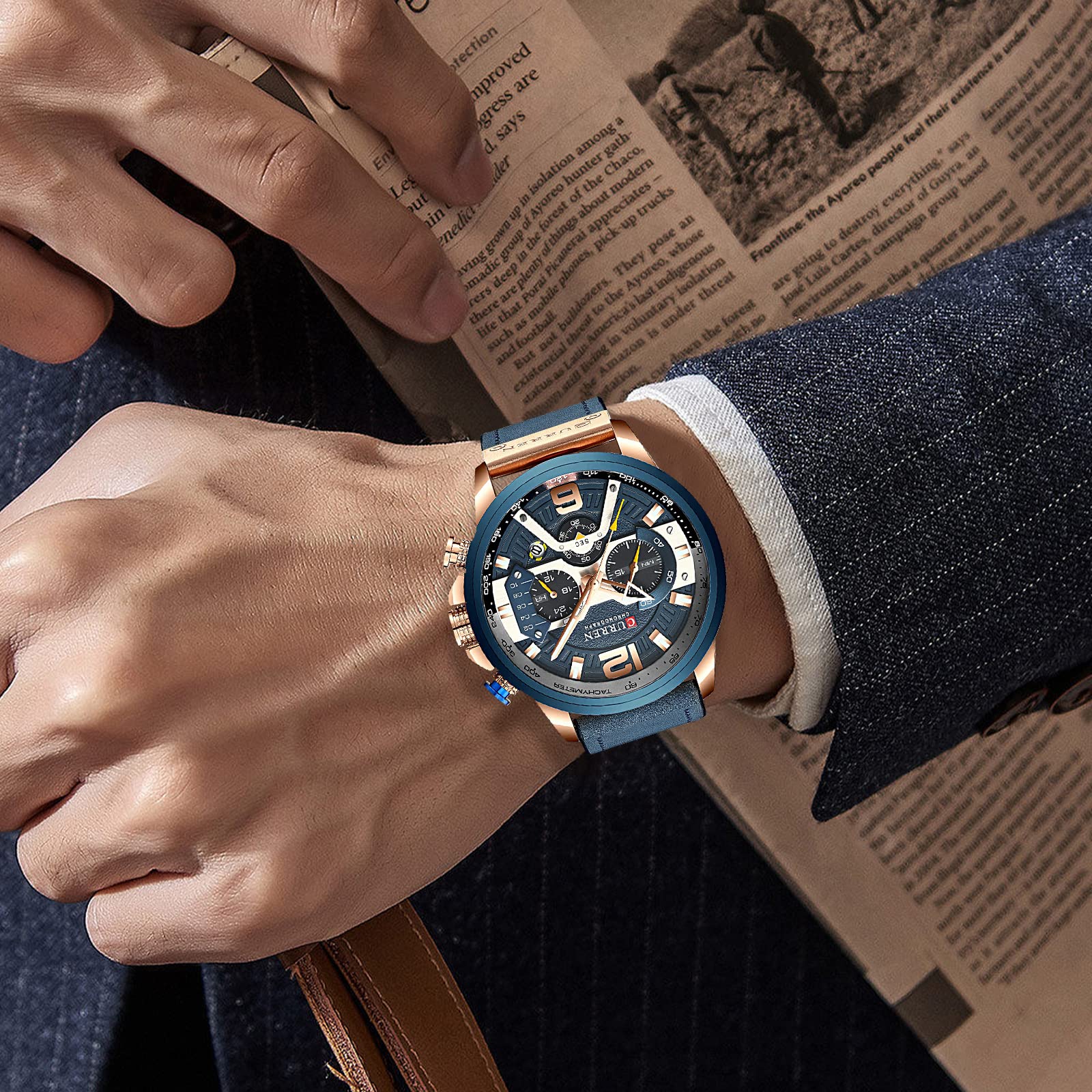 FANMIS Mens Luxury Watches Business Chronograph Dress Waterproof Leather Strap Analog Quartz Wrist Watch (Blue Rose)