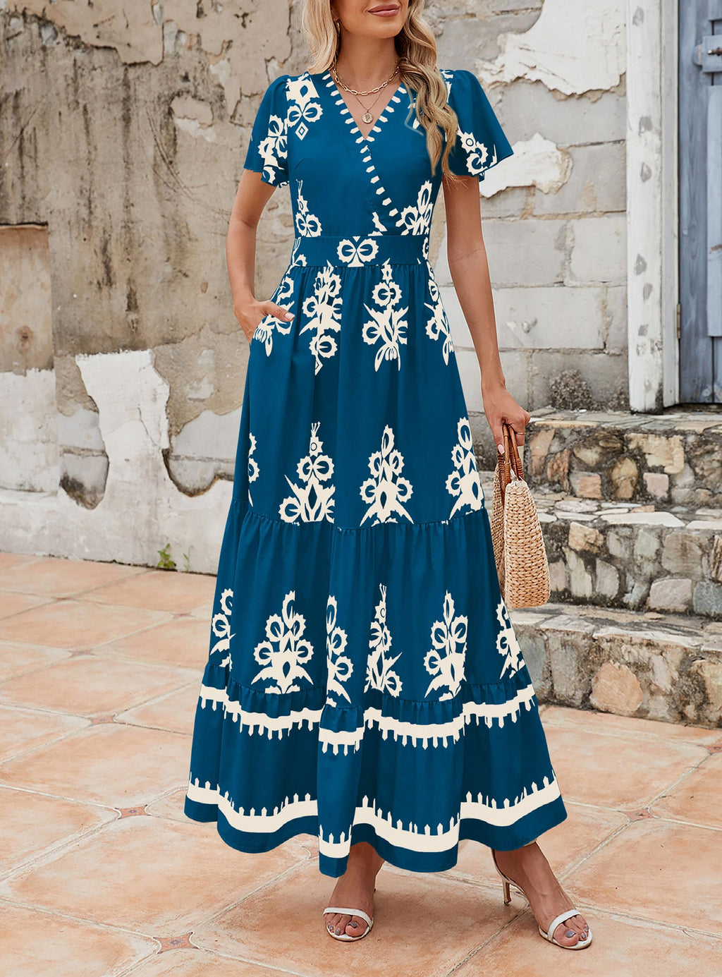 PRETTYGARDEN Womens 2026 Summer Casual V Neck Boho Maxi Dress Flowy Aline Bell Sleeve Tiered Floral Dresses with Pocket (Floral Lake Blue White,XX-Large)