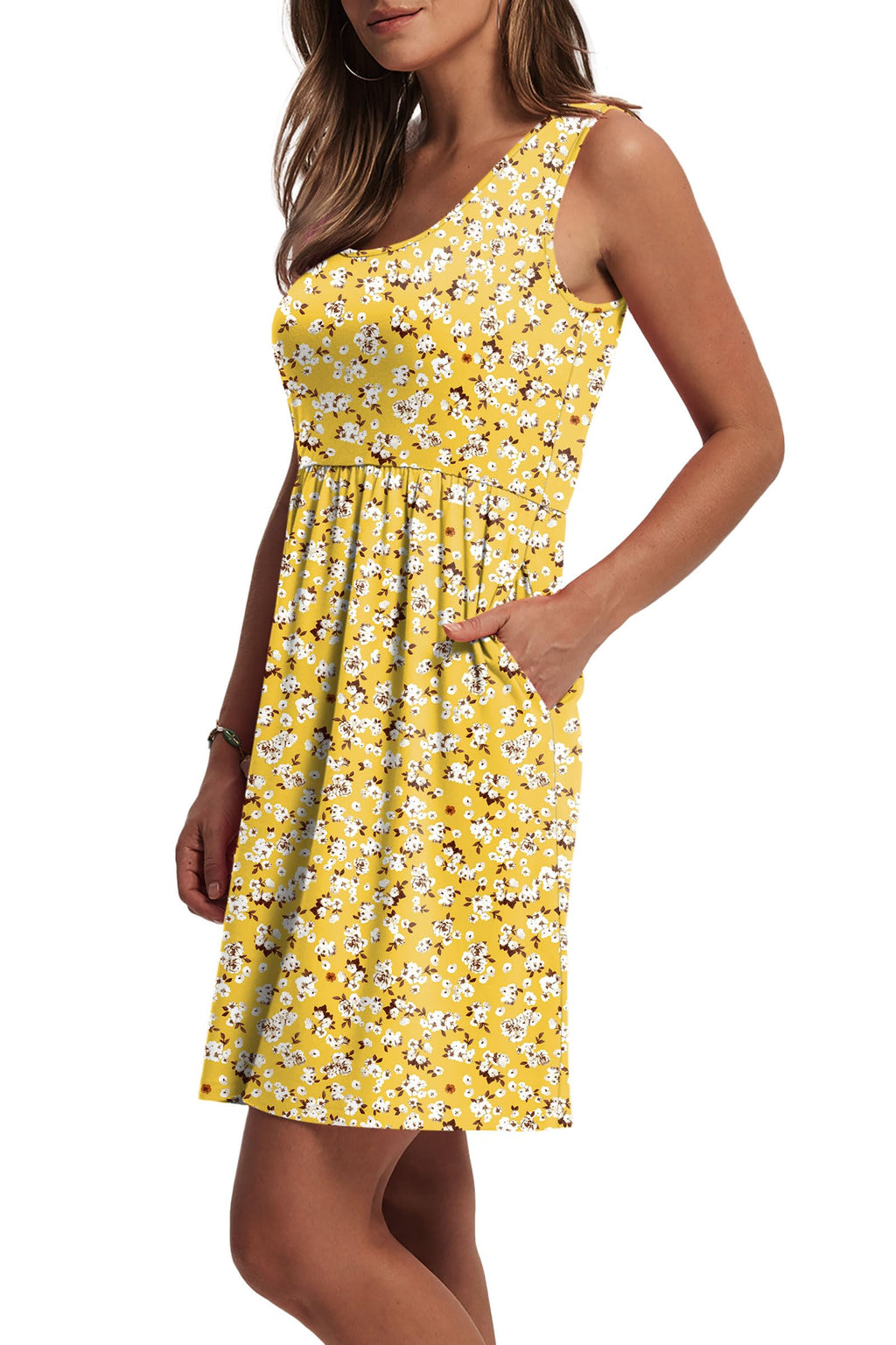 WIHOLL Summer Dresses for Women 2026 A Line Sleeveless Spring Dresses for Women Casual Cute Beach Vacation Clothes Fashion Floral Dress Sundresses with Pockets Womens Sun Dress Yellow M